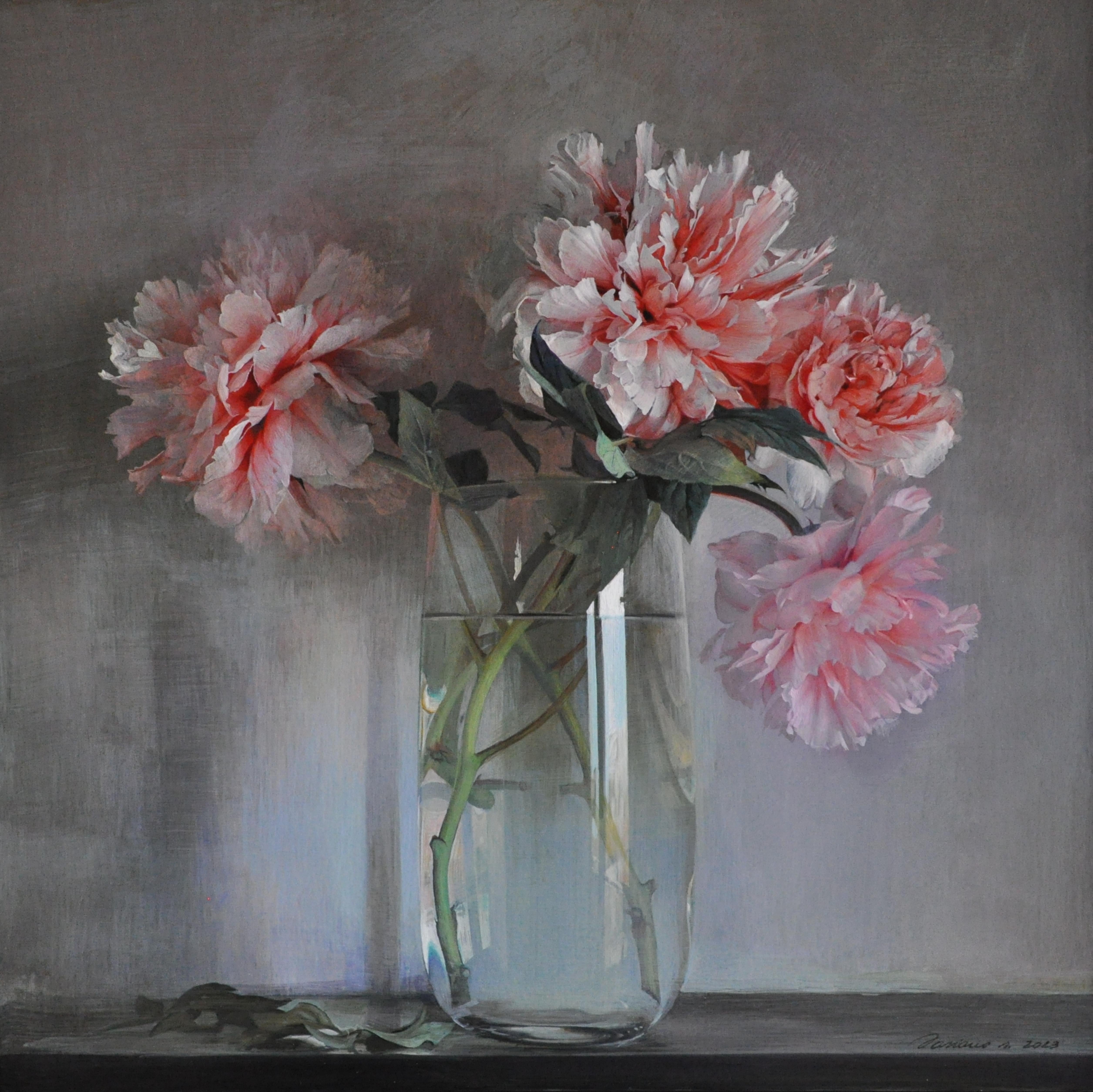 Doriano Scazzosi  Still-Life Painting - Pink peonies still life painting - modern pale grey background 