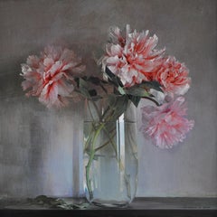 Pink peonies still life painting - modern pale grey background 