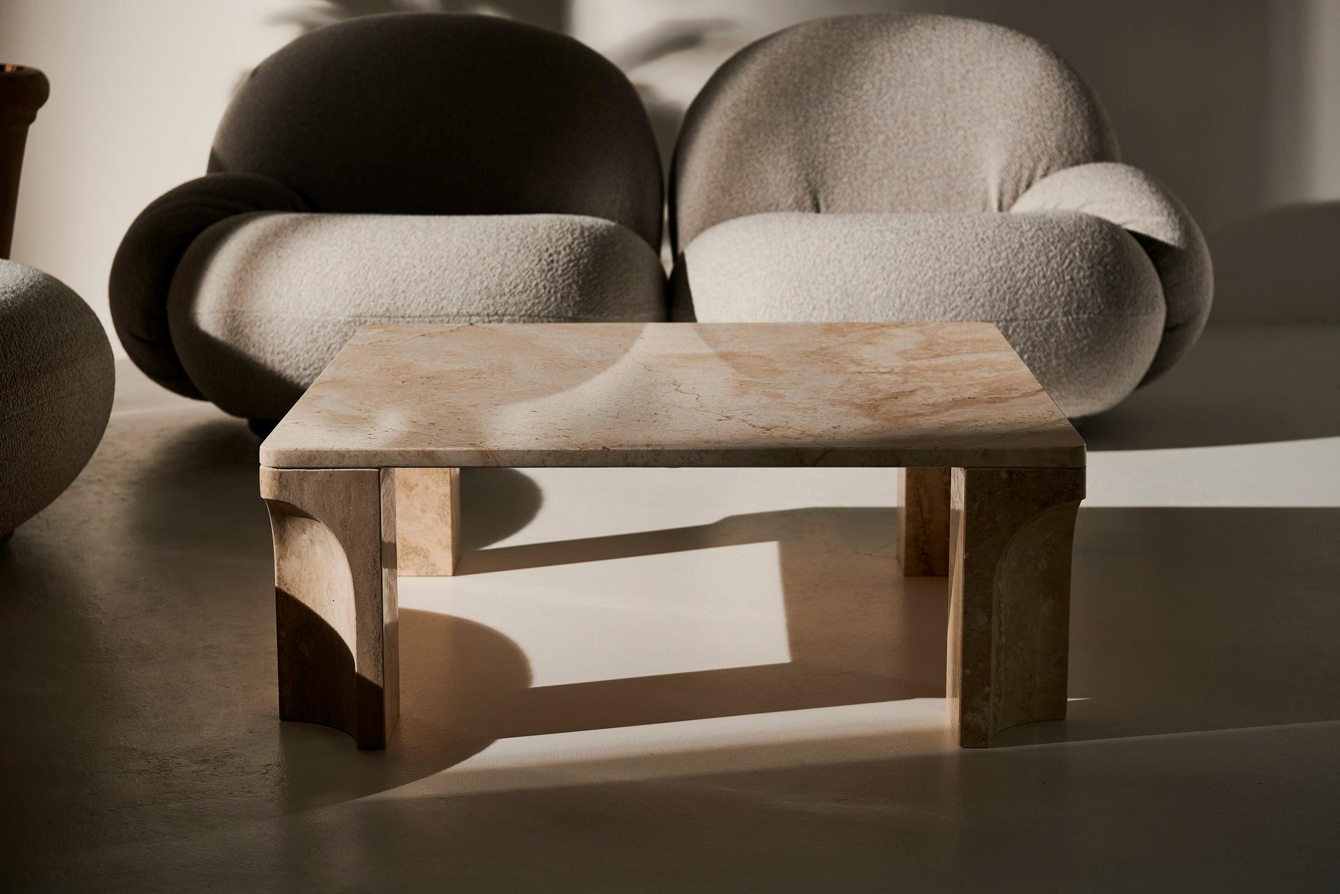 Modern Doric, 21st Century Square White Travertine Stone Coffee Table