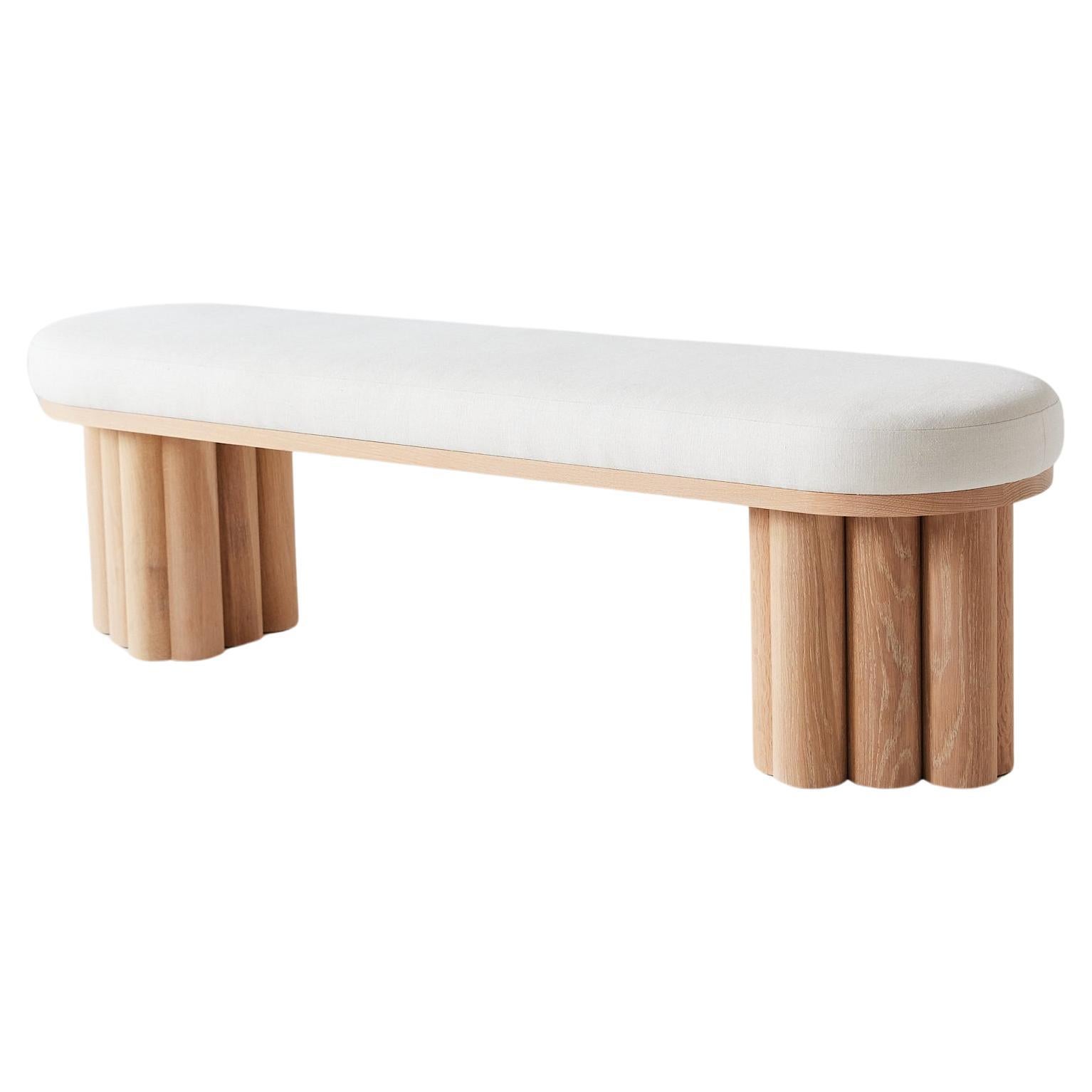 Doric Bench in Cerused White Oak and White Linen For Sale