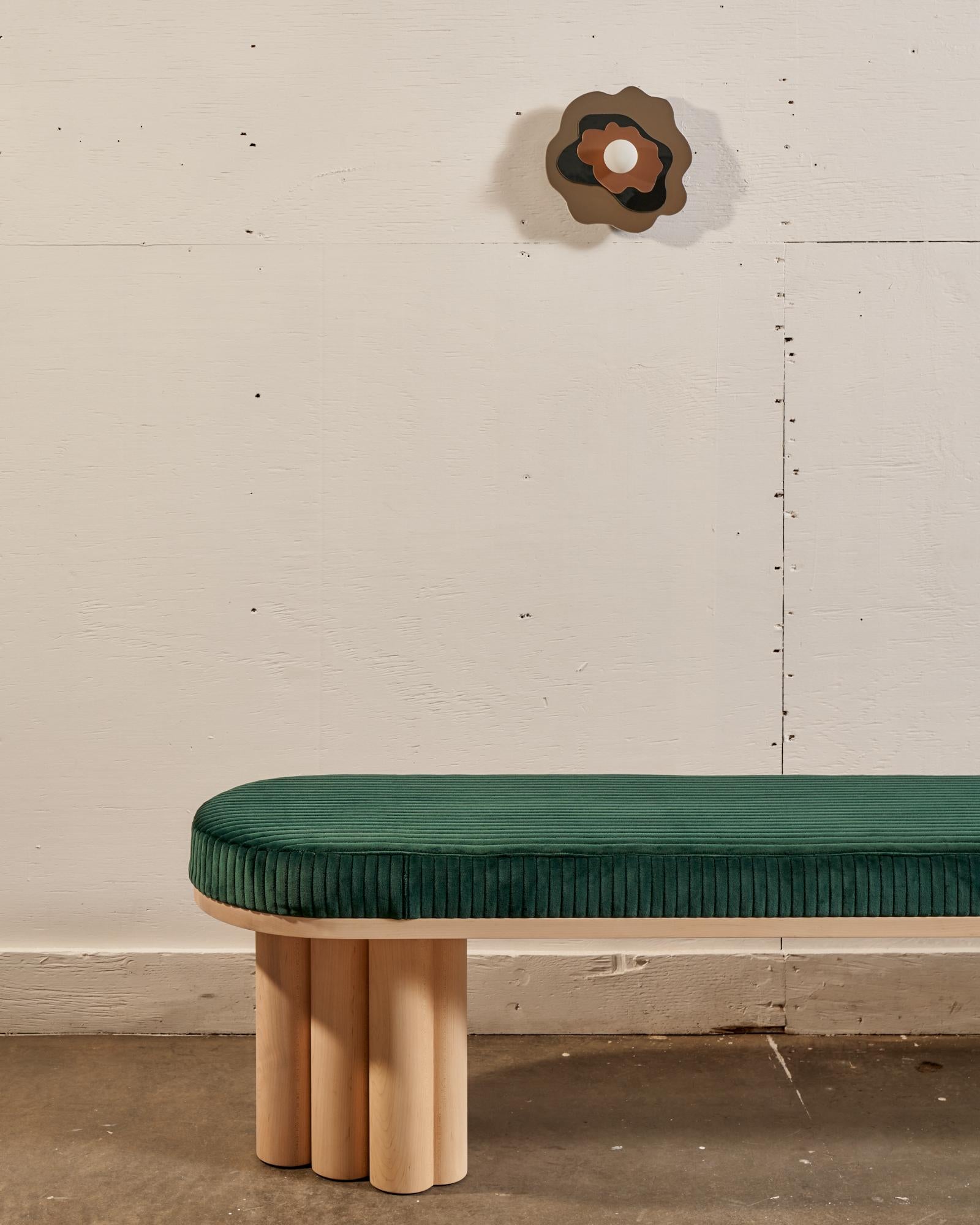 Modern Doric Bench in Natural Maple and Emerald Green Velvet Corduroy For Sale