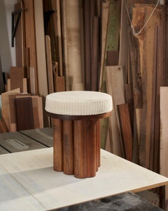 Doric Stool or Ottoman in Natural Walnut and White Velvet Corduroy
