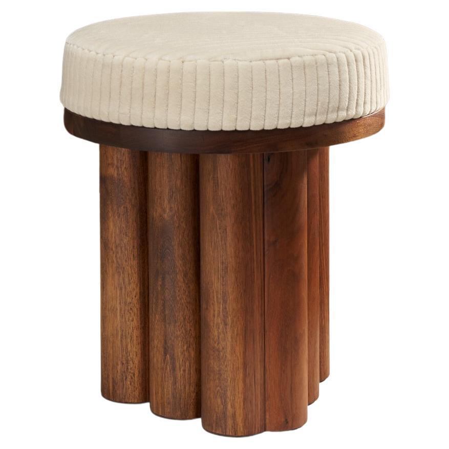 Doric Stool or Ottoman in Natural Walnut and White Velvet Corduroy For Sale