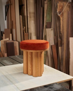 Doric Stool or Ottoman in Natural White Oak and Red Orange Velvet Corduroy