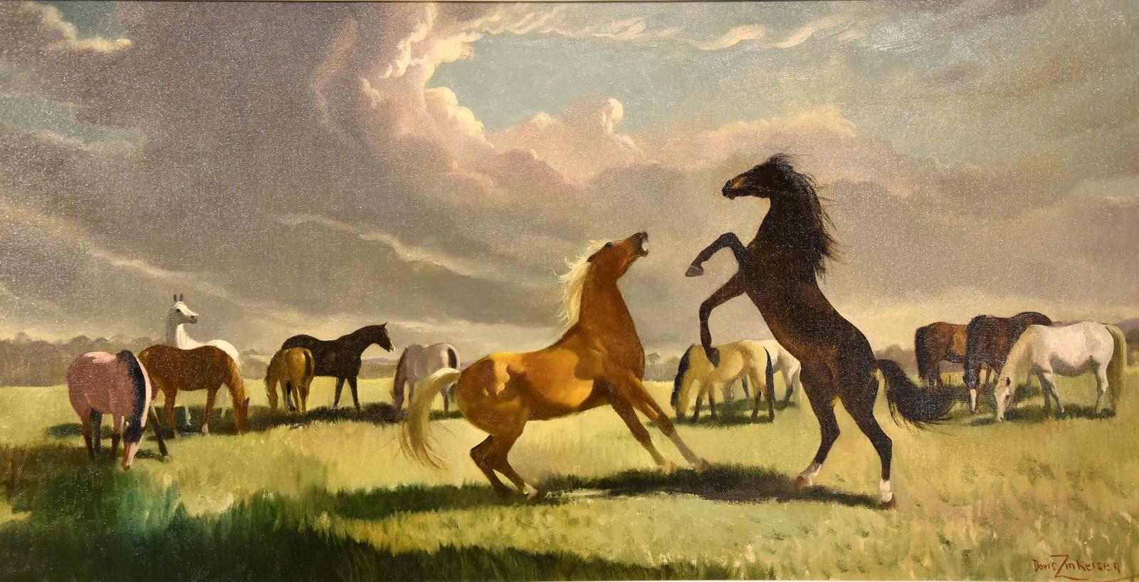 Doris Clare Zinkeisen Animal Painting – Ölgemälde von Doris Zinkeisen „New Forest Ponies“