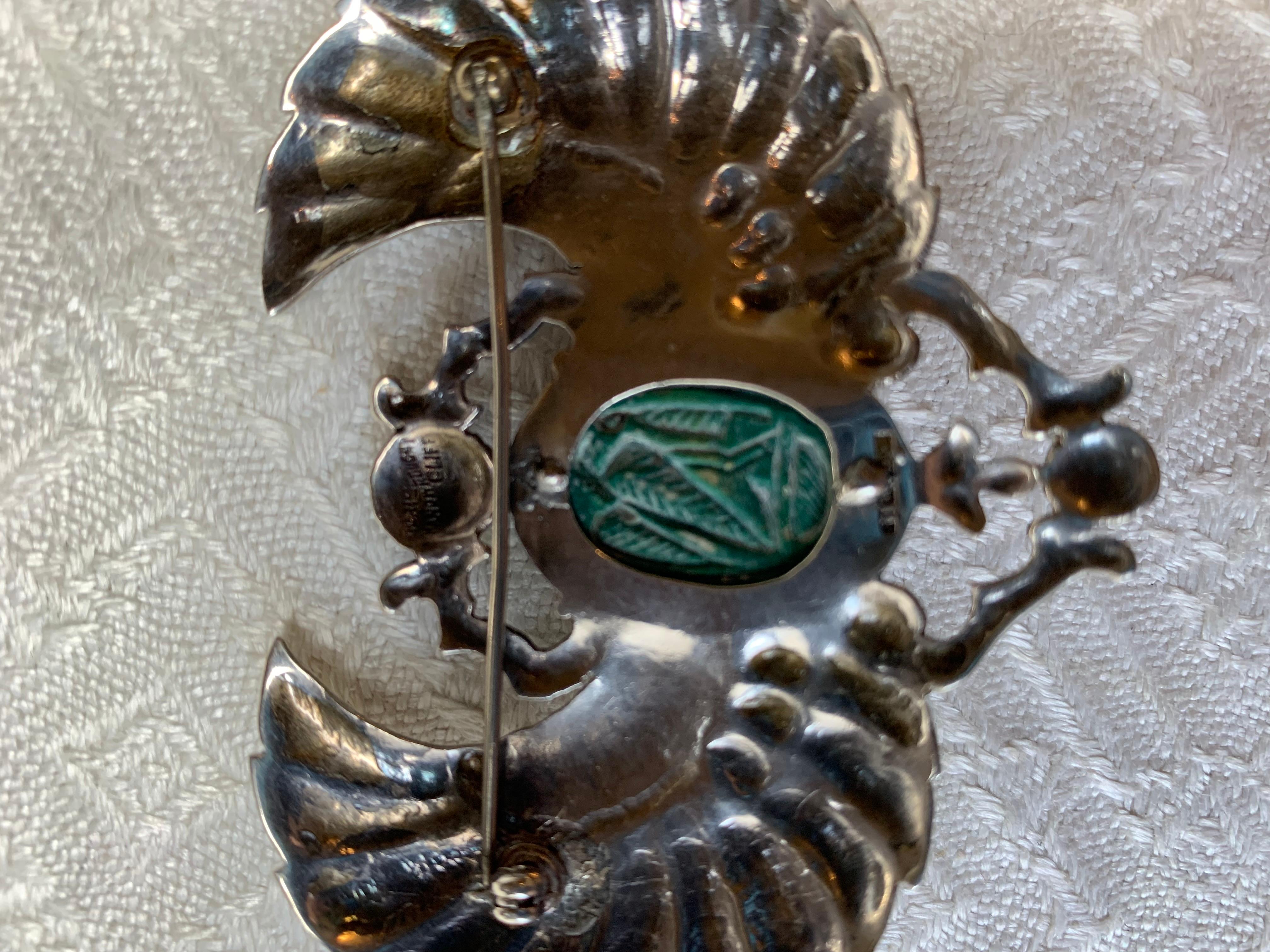 Doris Cliff Egyptian Revival Scarab Earrings Brooch Sterling Silver Faience For Sale 6