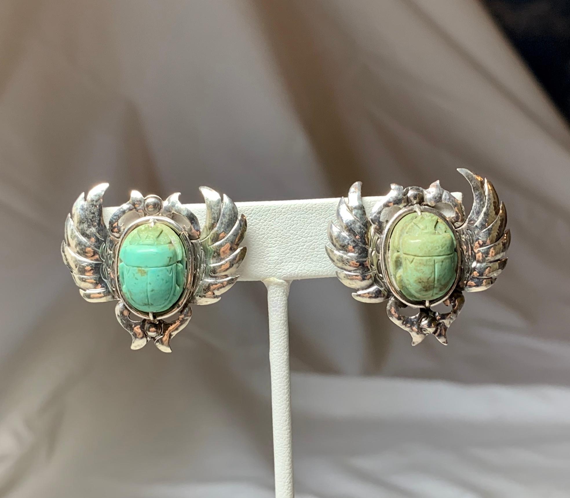 Arts and Crafts Doris Cliff Egyptian Revival Scarab Earrings Brooch Sterling Silver Faience For Sale