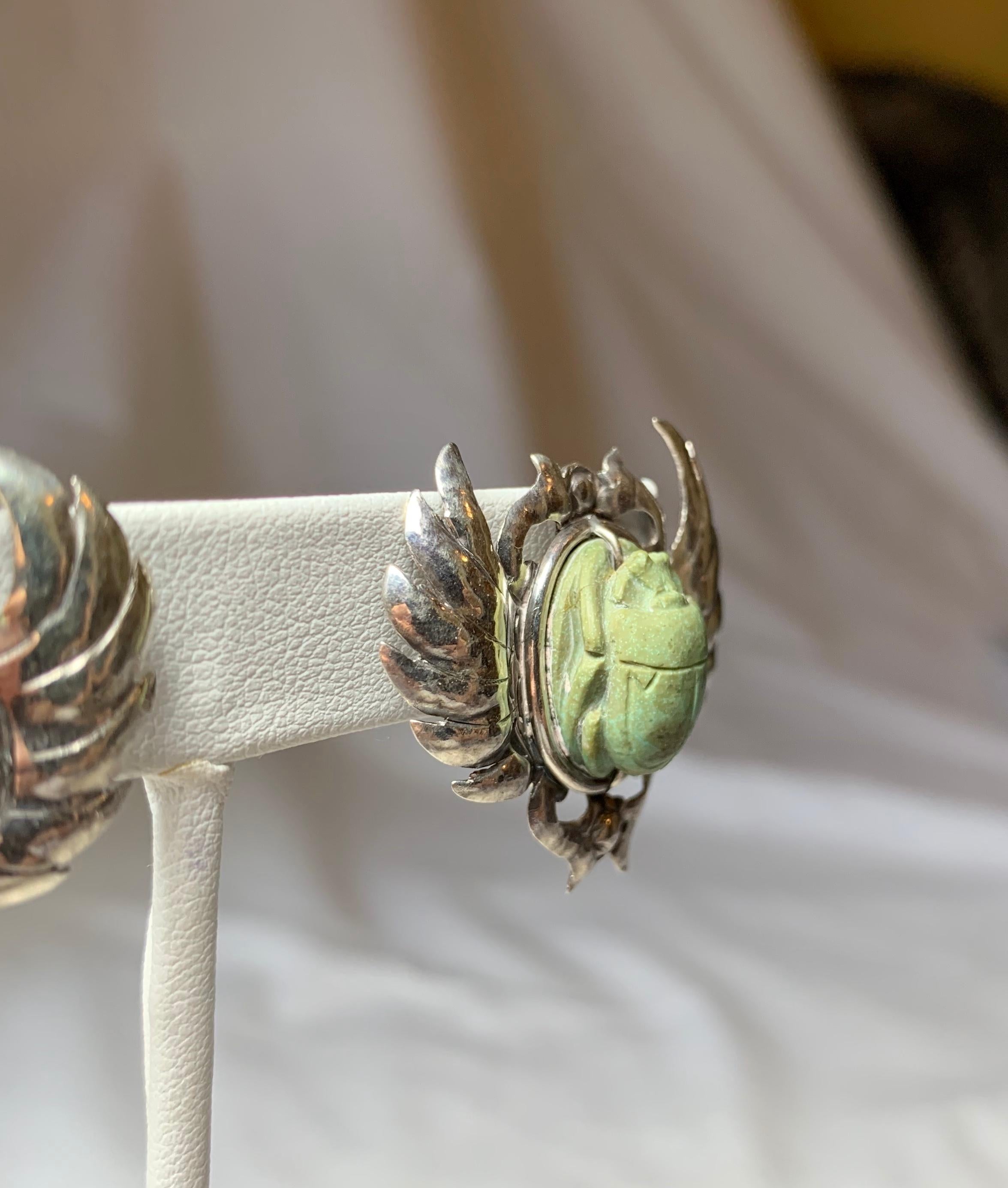 Doris Cliff Egyptian Revival Scarab Earrings Brooch Sterling Silver Faience For Sale 1