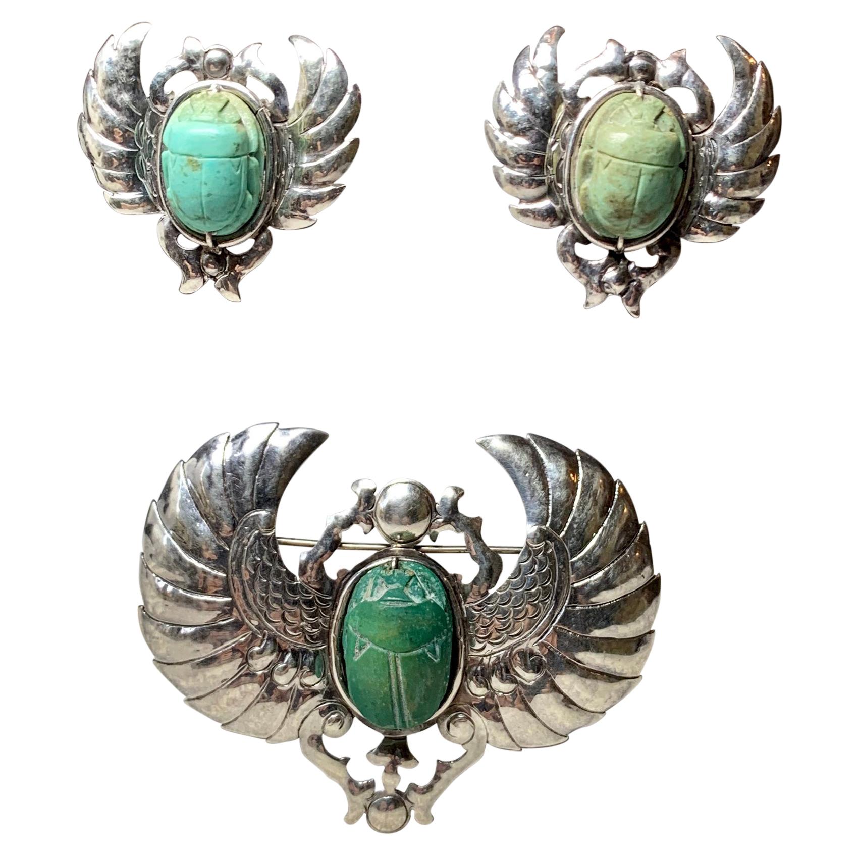 Doris Cliff Egyptian Revival Scarab Earrings Brooch Sterling Silver Faience For Sale