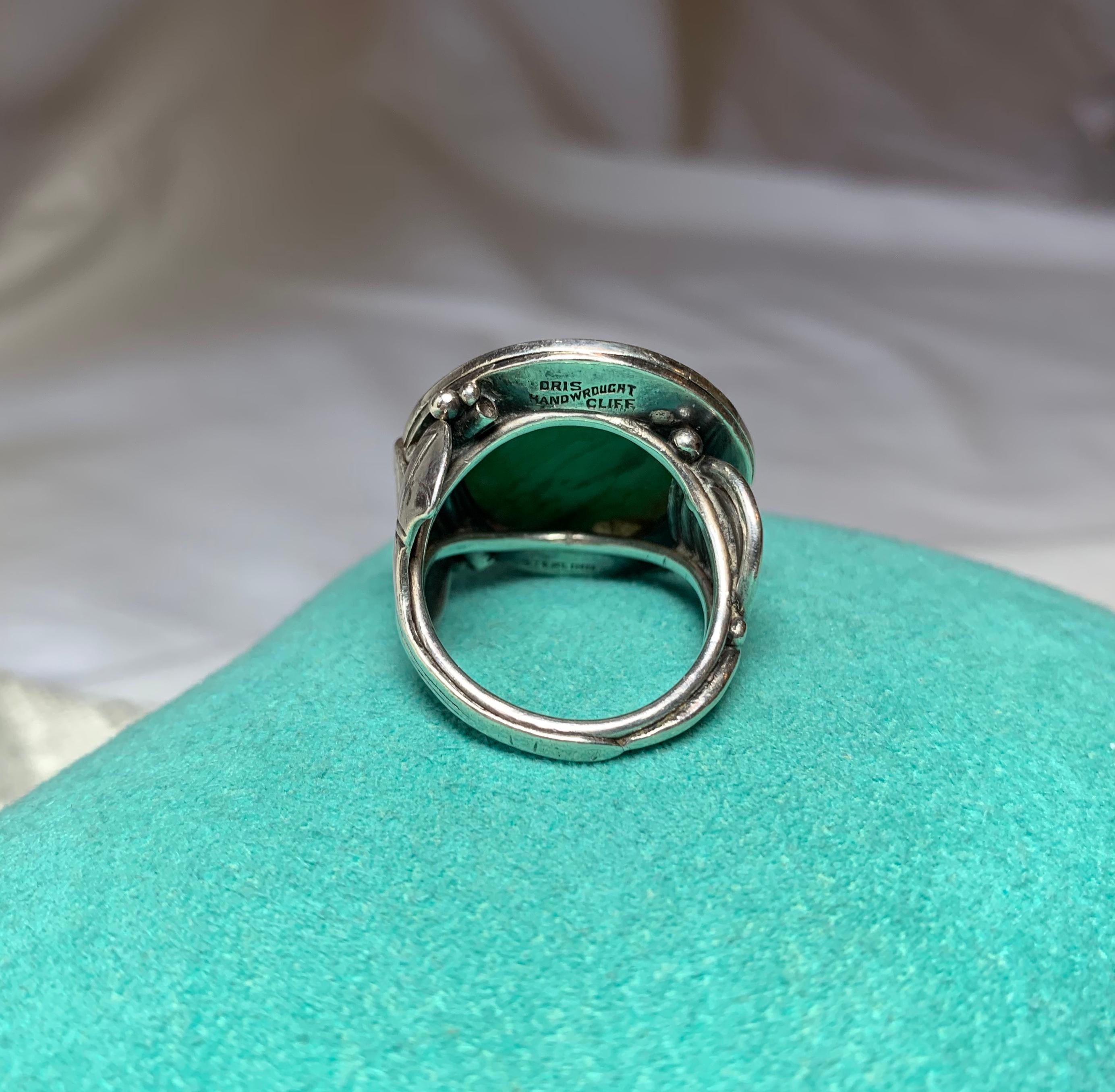 Doris Cliff Jade Ring Mid-Century Modern Flower Motif Sterling Silver 1