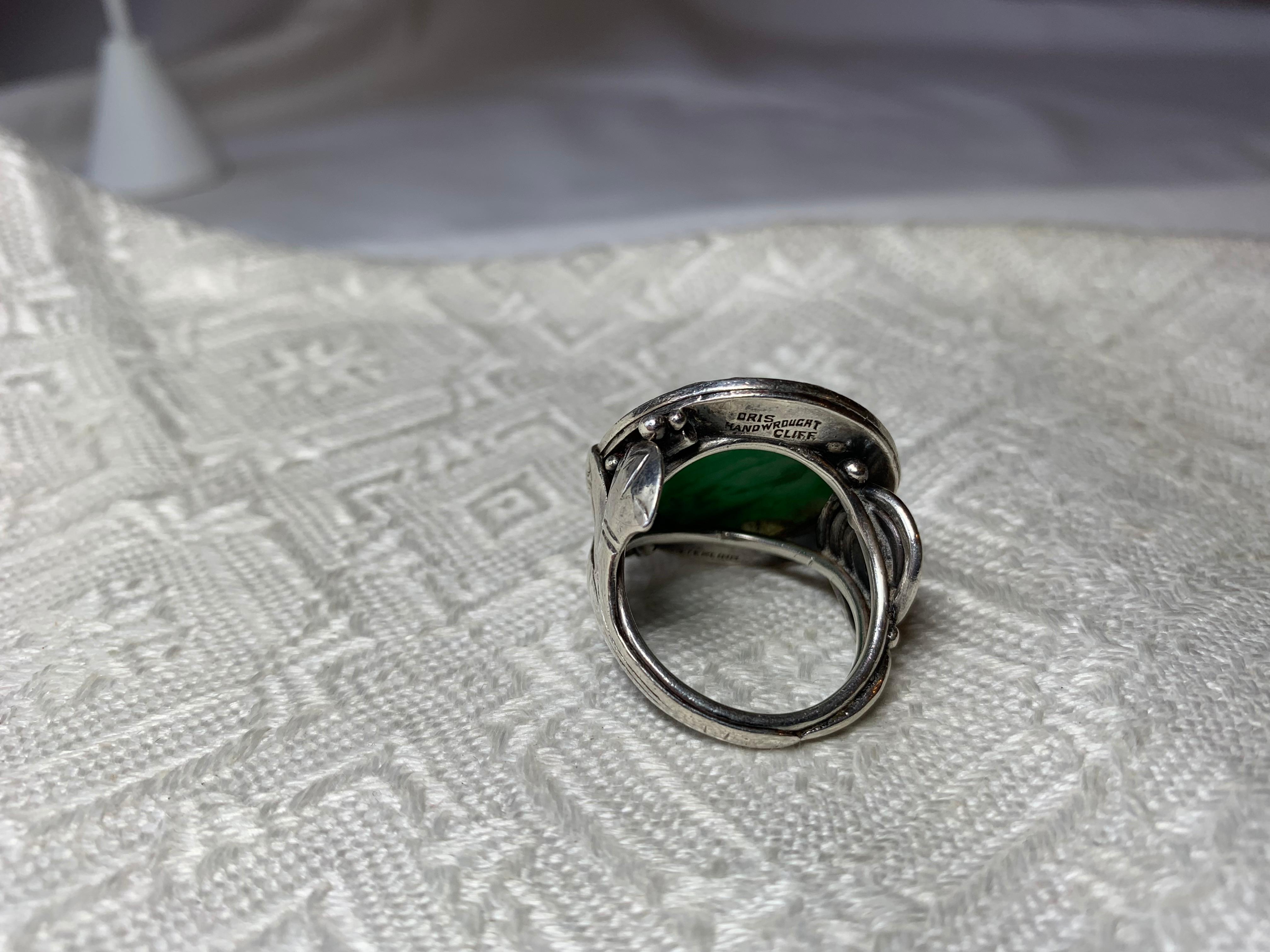 Doris Cliff Jade Ring Mid-Century Modern Flower Motif Sterling Silver 3