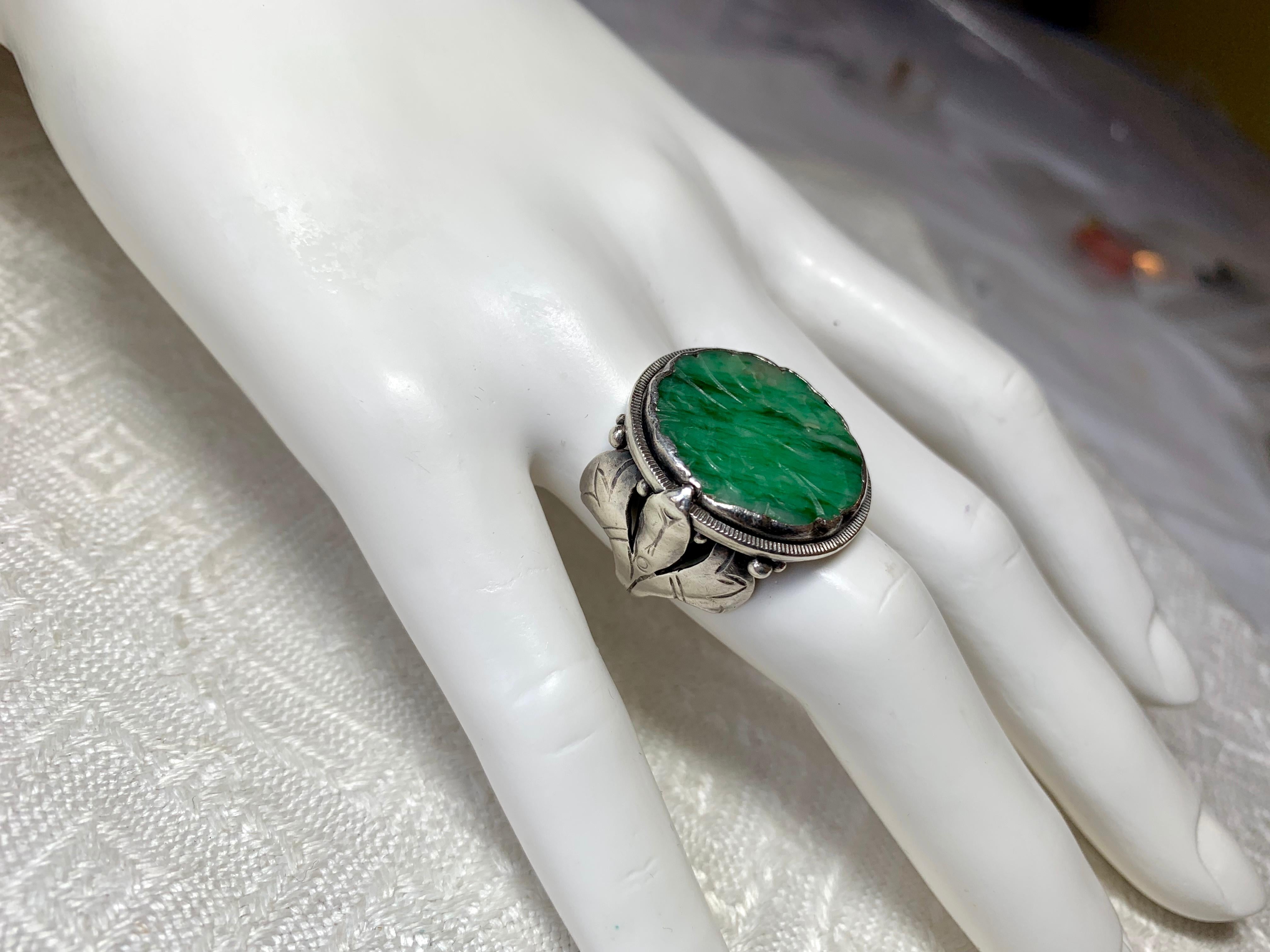 Arts and Crafts Doris Cliff Jade Ring Mid-Century Modern Flower Motif Sterling Silver For Sale