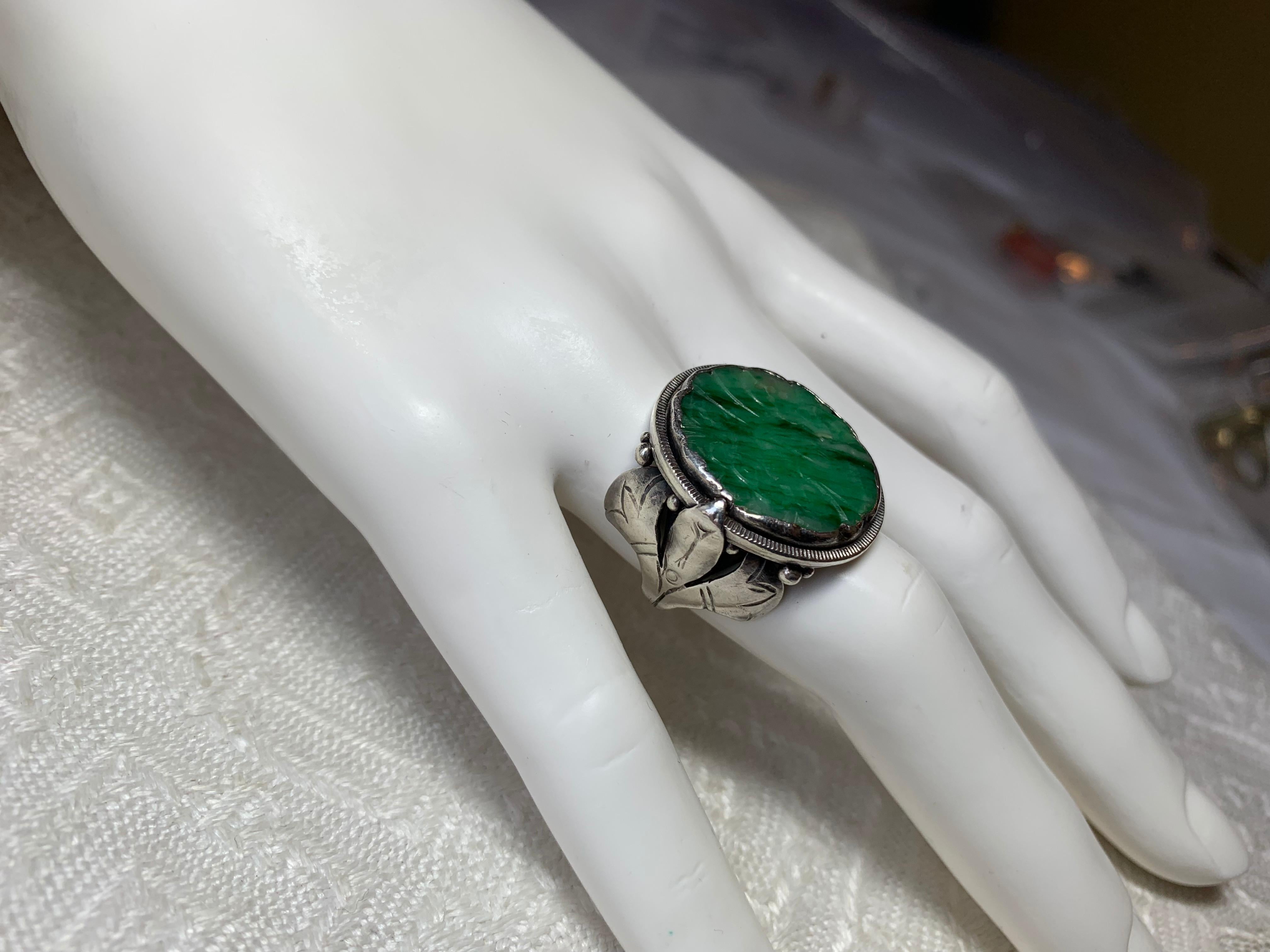 Women's Doris Cliff Jade Ring Mid-Century Modern Flower Motif Sterling Silver For Sale