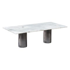 Doris Double Pedestal Dining Table in White Carrara Marble and Cast Aluminum