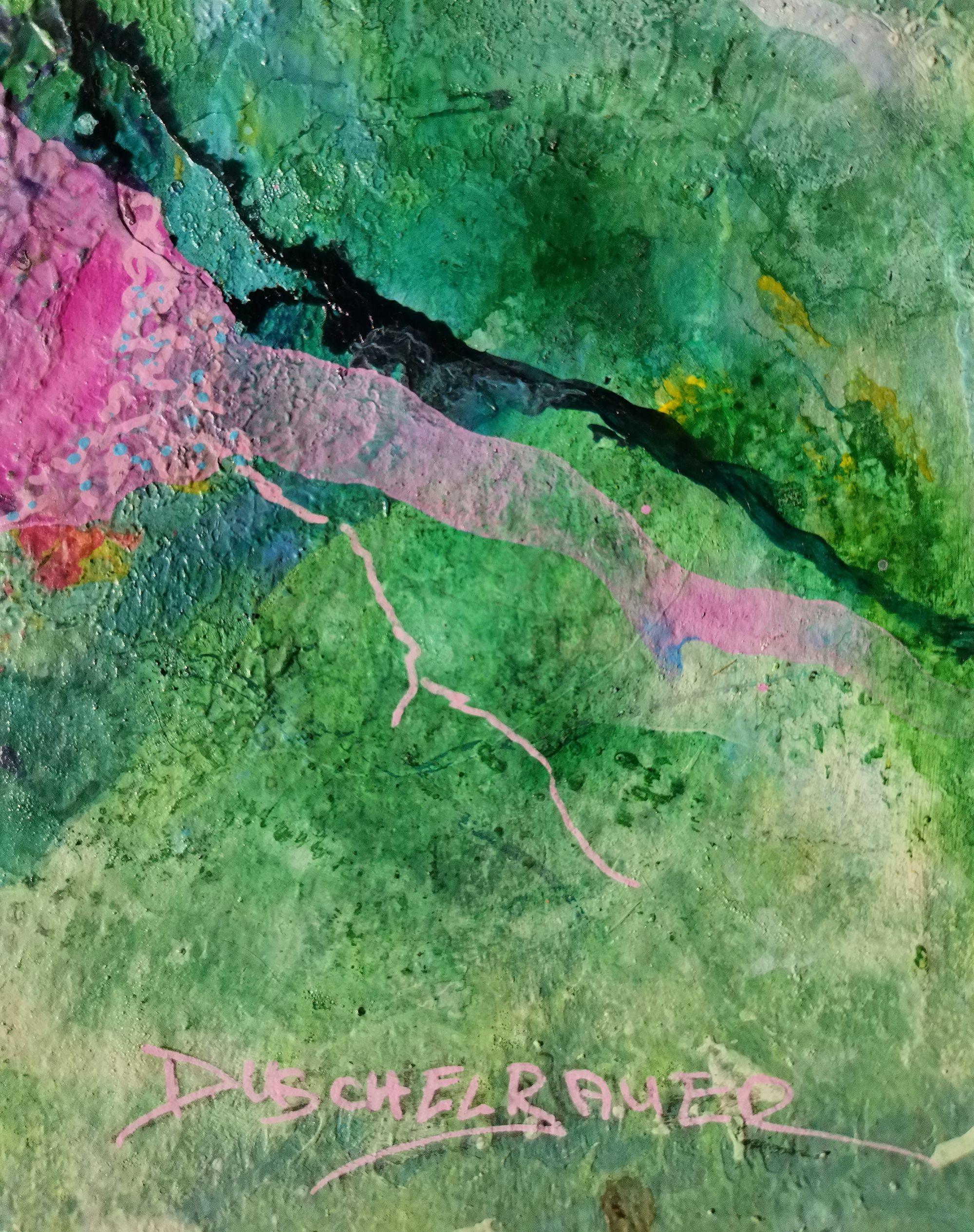 In questo pezzo ho usato i colori acrilici per creare un'esperienza di arte astratta che cattura un mondo di colori e movimento. Il mix di blu freddi e rosa vibranti vuole trasmettere un'atmosfera ricca di profondità ed emozioni.     Per me, ogni