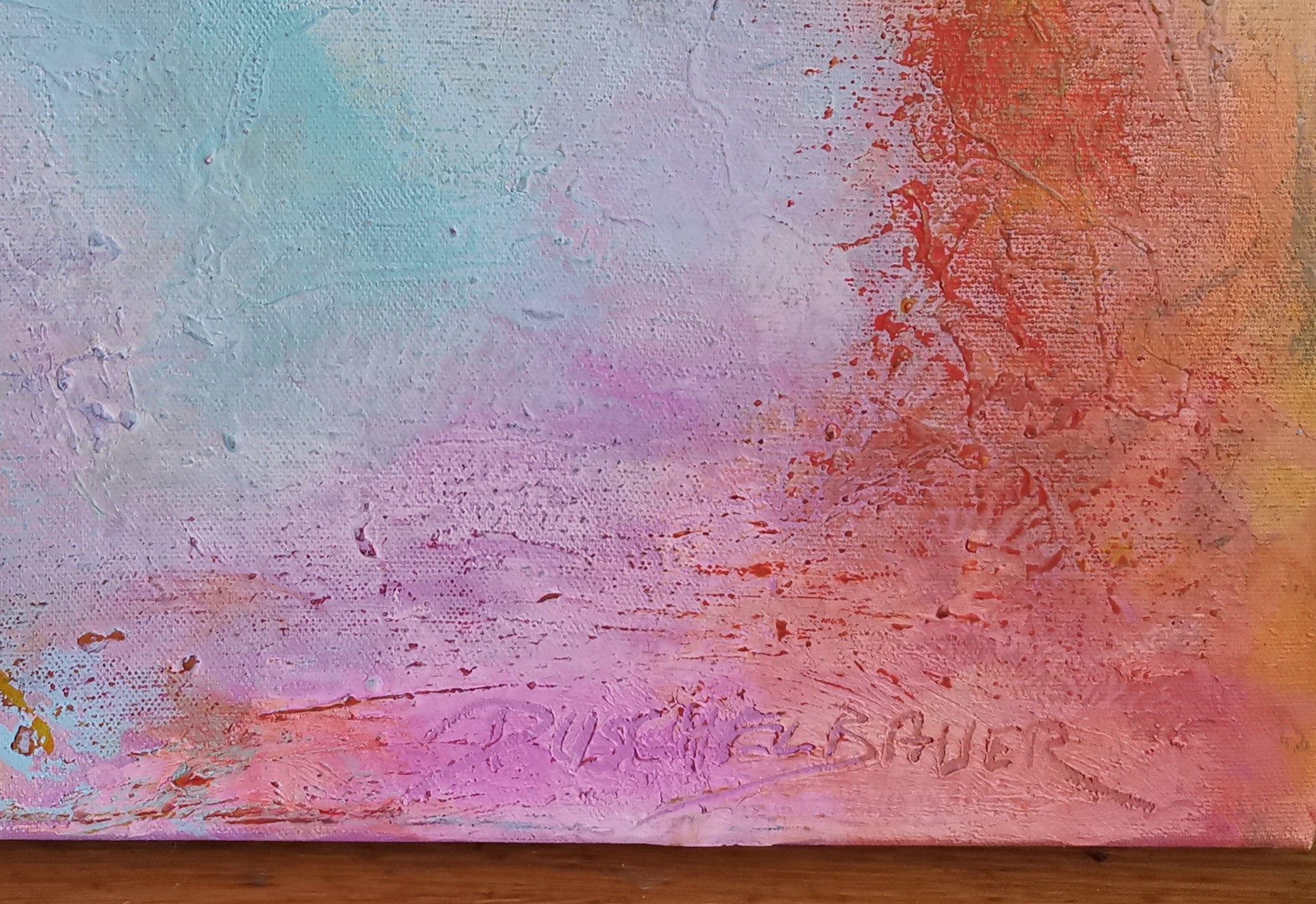 In meinem Werk verschmelzen Rosa, Hellblau, Grün und Gelb zu einem lebendigen Ausdruck meiner Gefühle. Der abstrakte Expressionismus ermöglicht es mir, intensive emotionale Zustände durch Farbspiele auszudrücken. Mein Ziel ist es, die Gefühle, die