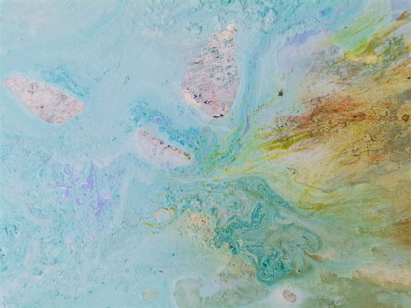 This abstract artwork is inspired by nature and the flow of water. Soft tones dominate the picture. The shades light blue, turquoise and yellow give free rein to the imagination of everyone's mind. Water, plants, stones or just a colorful play of