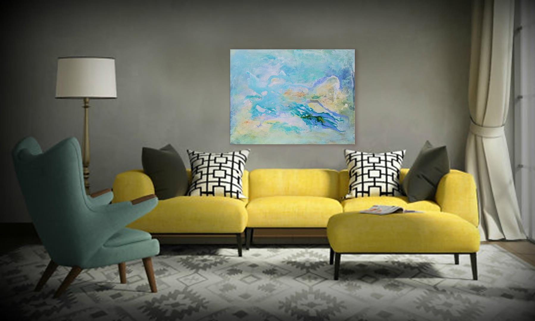 This abstract artwork is inspired by nature and the flow of water. Soft tones dominate the picture. The shades light blue, turquoise and yellow give free rein to the imagination of everyone's mind. Water, plants, stones or just a colorful play of