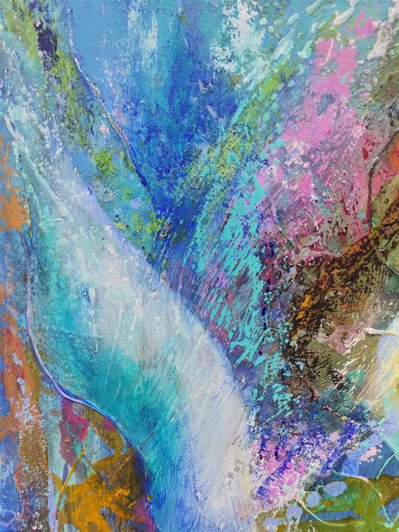 Das Gemälde beeindruckt durch seine Größe und seine kräftigen Farben. Das tiefe, dunkle Blau erinnert an die Tiefen des Meeres, wo sich bunte Algen in den Meeresströmungen wie ein Farbenrausch bewegen. Schwungvolle Linien und Farbflächen in Gelb,