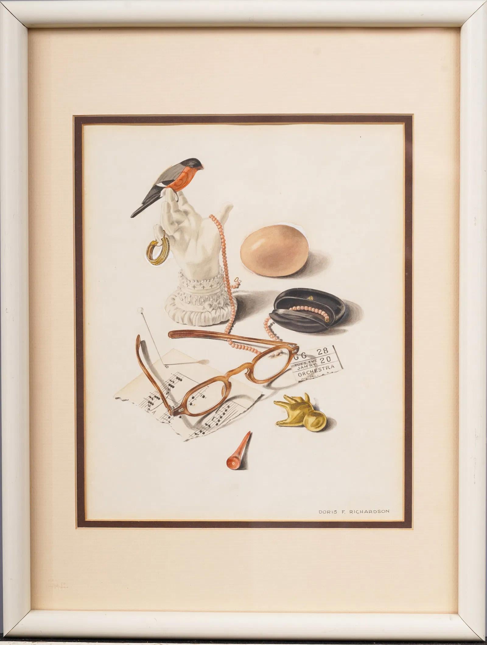 Antiguo Trompe L'Oeil americano firmado Pintura al gouache de bodegón realista