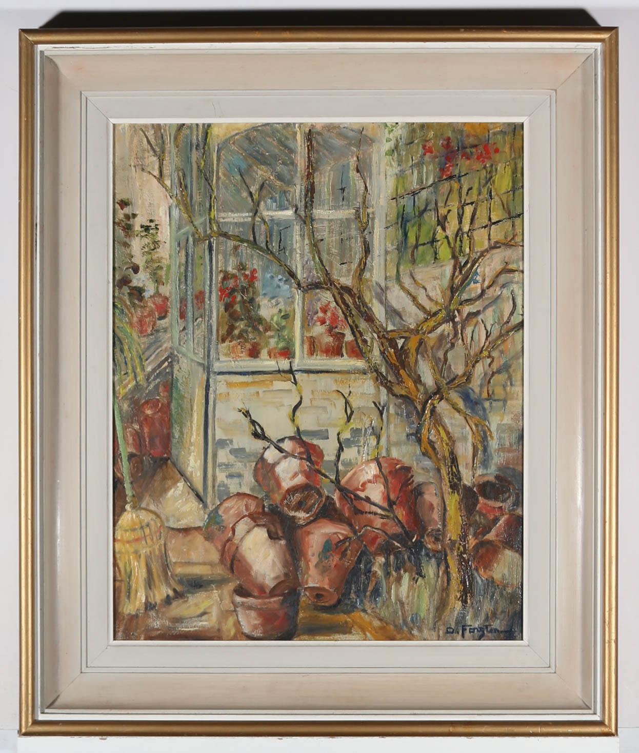their when you need them! This figurative garden study depicts a pile of terracotta pots waiting to be of use outside a large glass greenhouse. The artist has signed the scene to the lower right corner, and the oil has been well presented in an