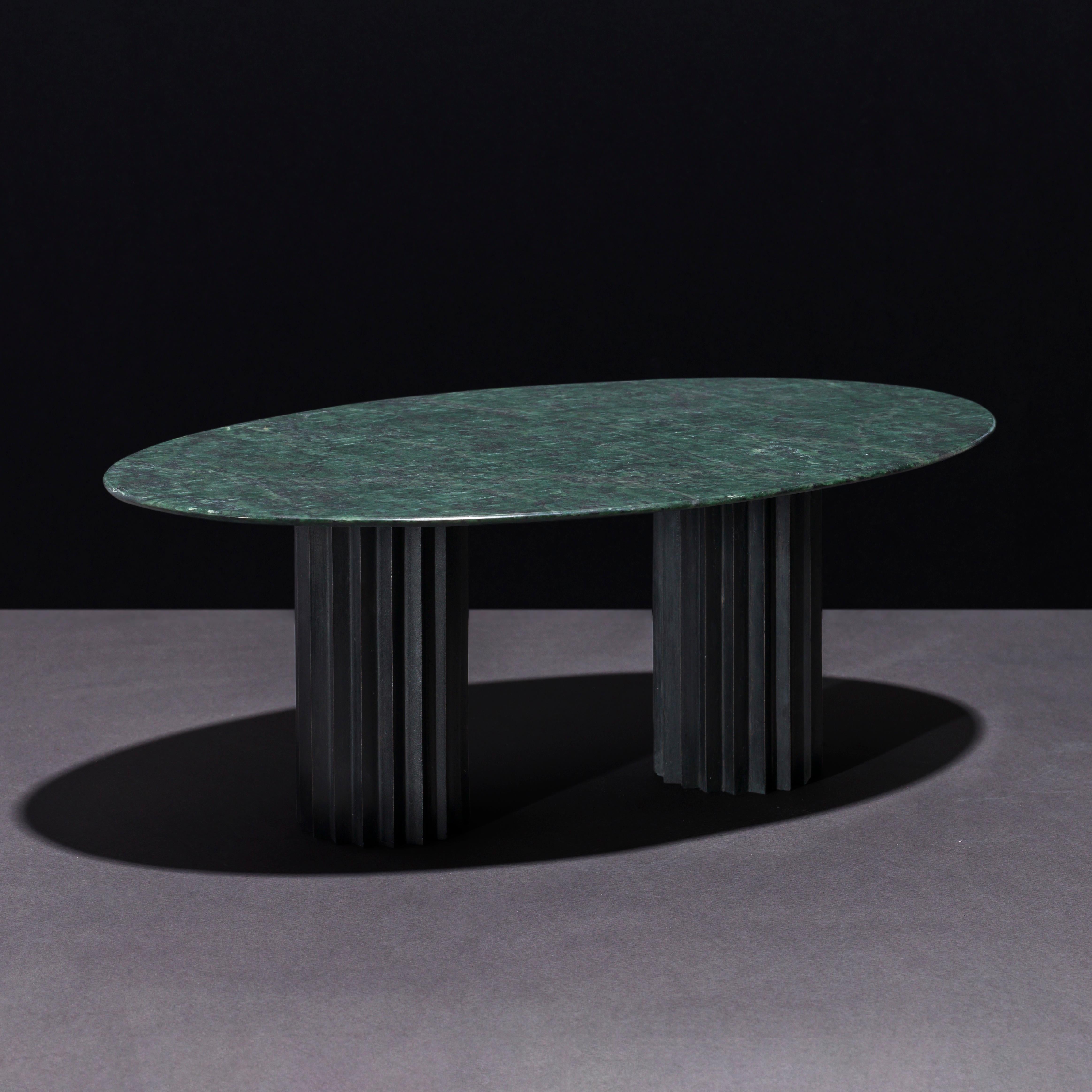 Doris Green Serpentino Marble Oval Dining Table by Fred and Juul
Dimensions: D 130 x W 220 x H 74 cm.
Materials: Black patinated bronze and Green Serpentino marble.

Available in round, oval and rectangular shapes. Also available in different