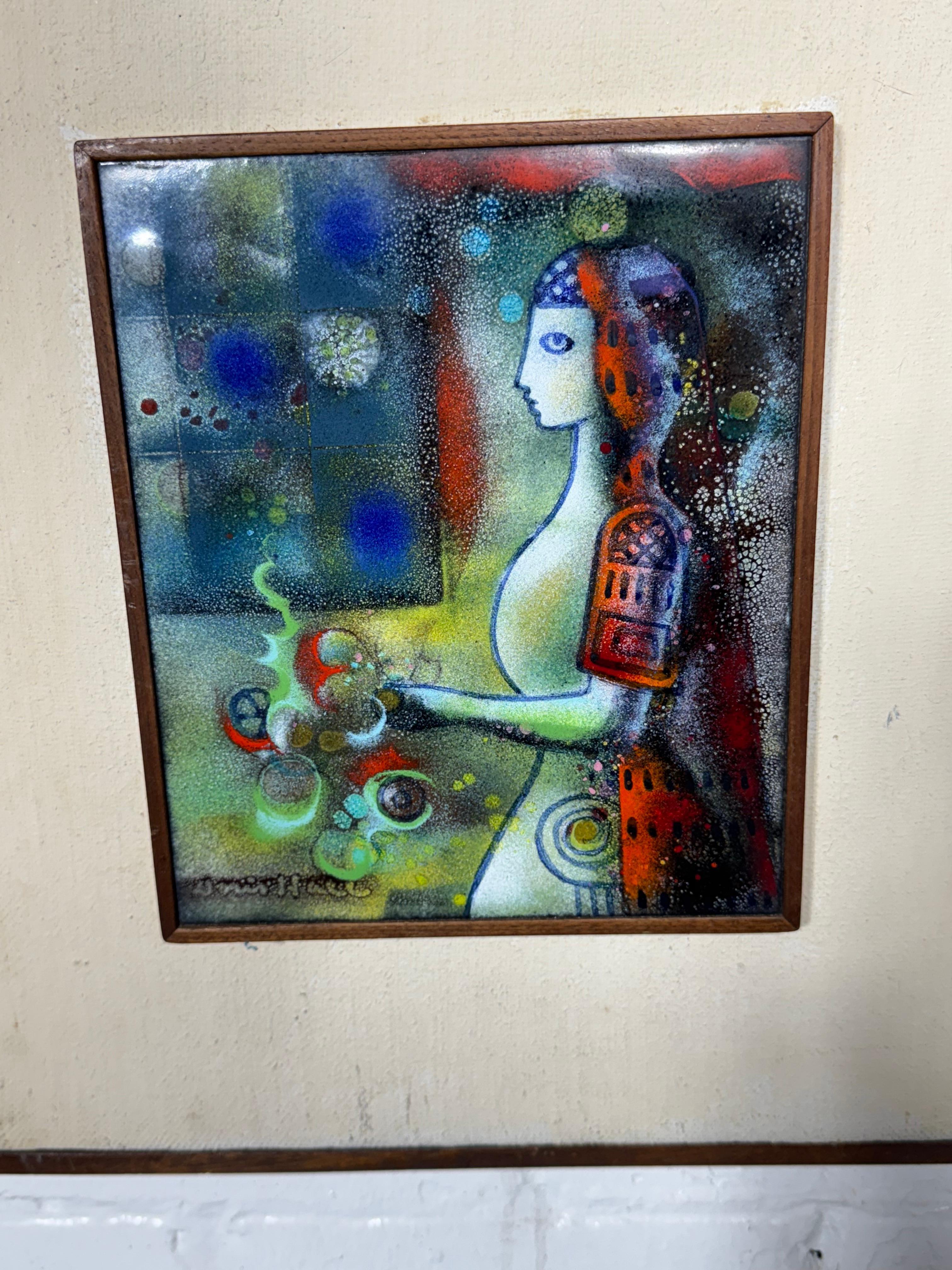Wonderful  Mid-Century Modern enamel by American artist Doris Hall (1907-2000). Nicely detailed and in excellent condition. Vibrant Color's .Signed Doris Hall (lower left) Original frame ..retains 2 Gallery labels.. 