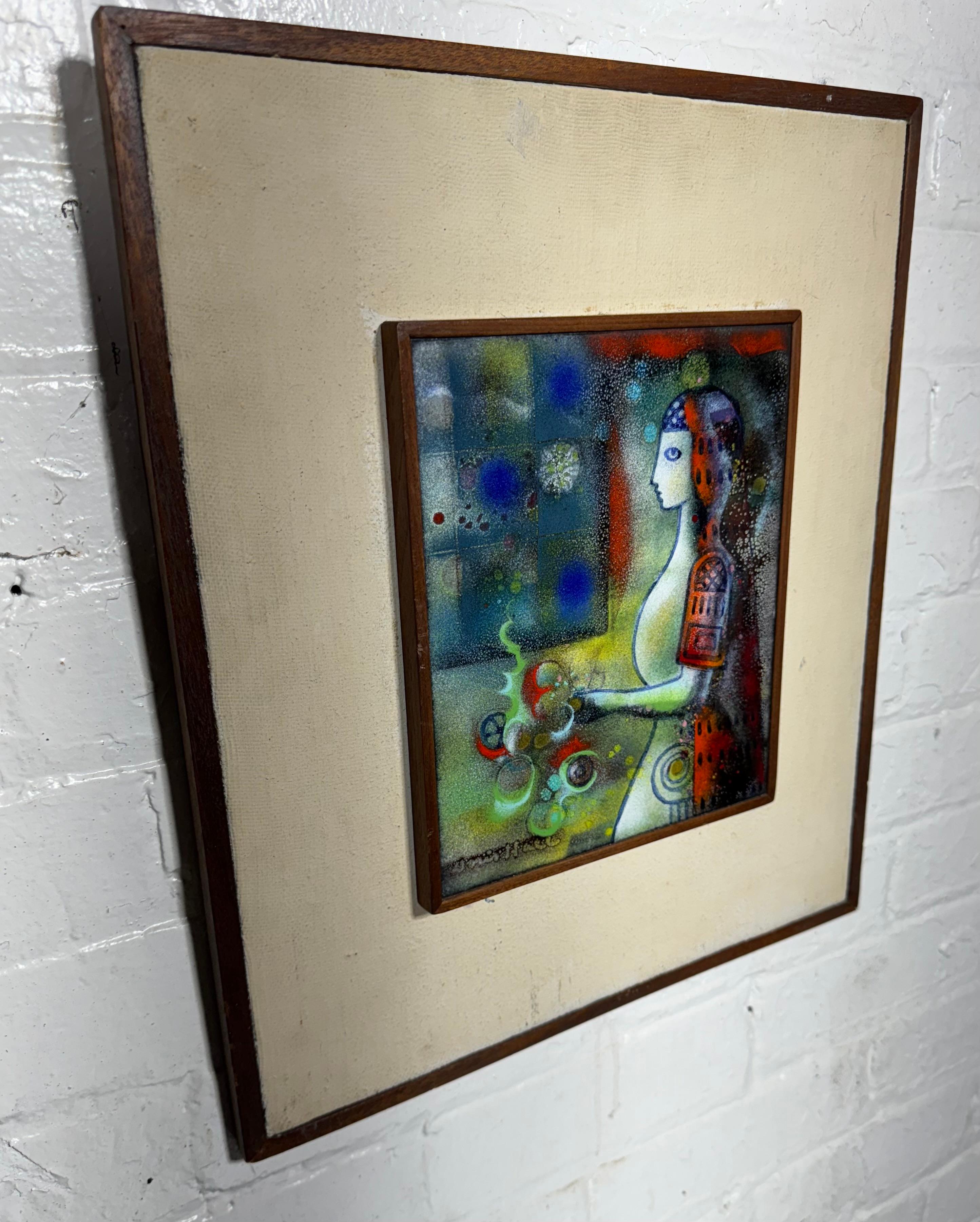 Mid-Century Modern Doris Hall Enamel on Copper Art / framed plaque , Modernist woman For Sale