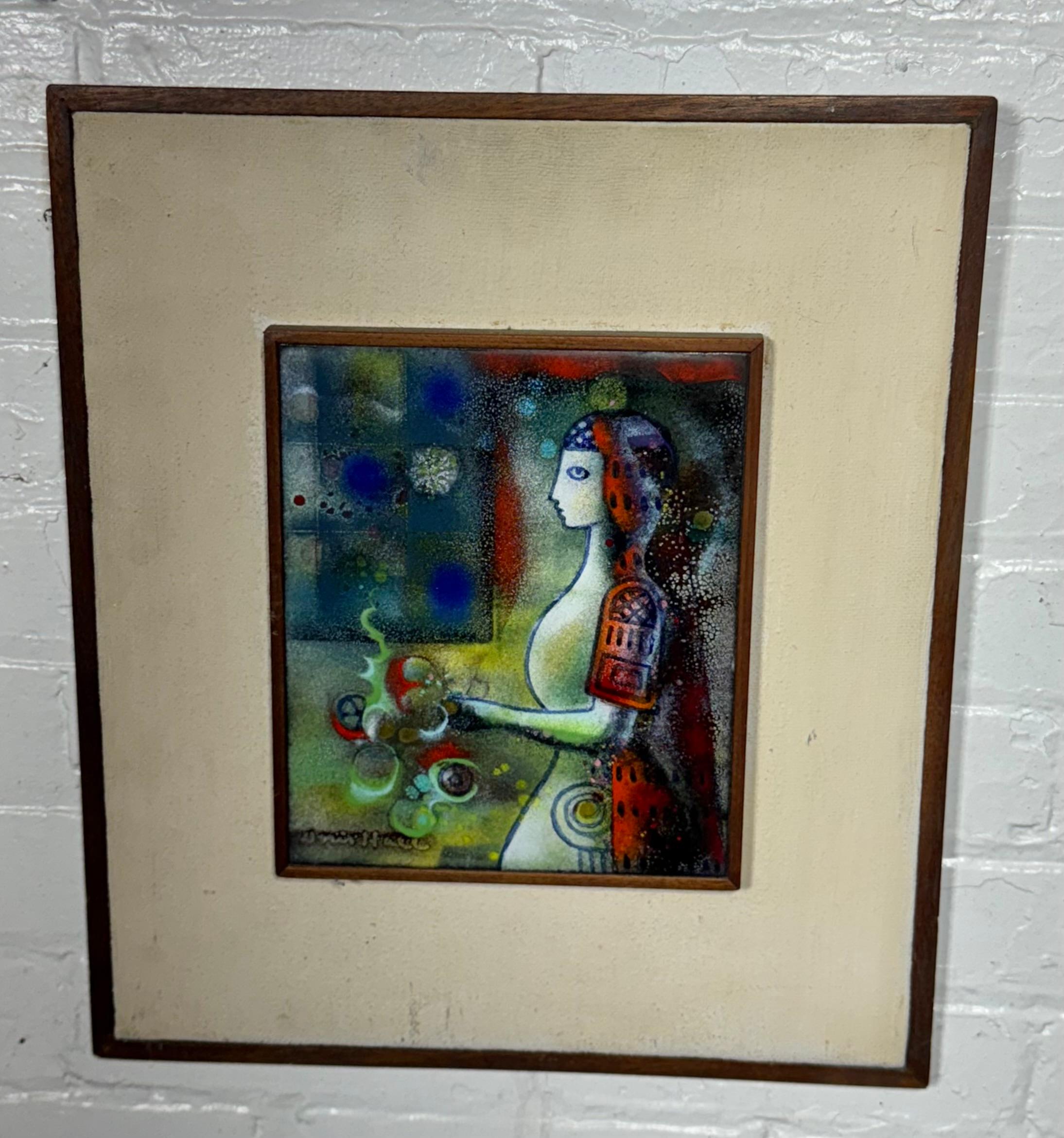 American Doris Hall Enamel on Copper Art / framed plaque , Modernist woman For Sale