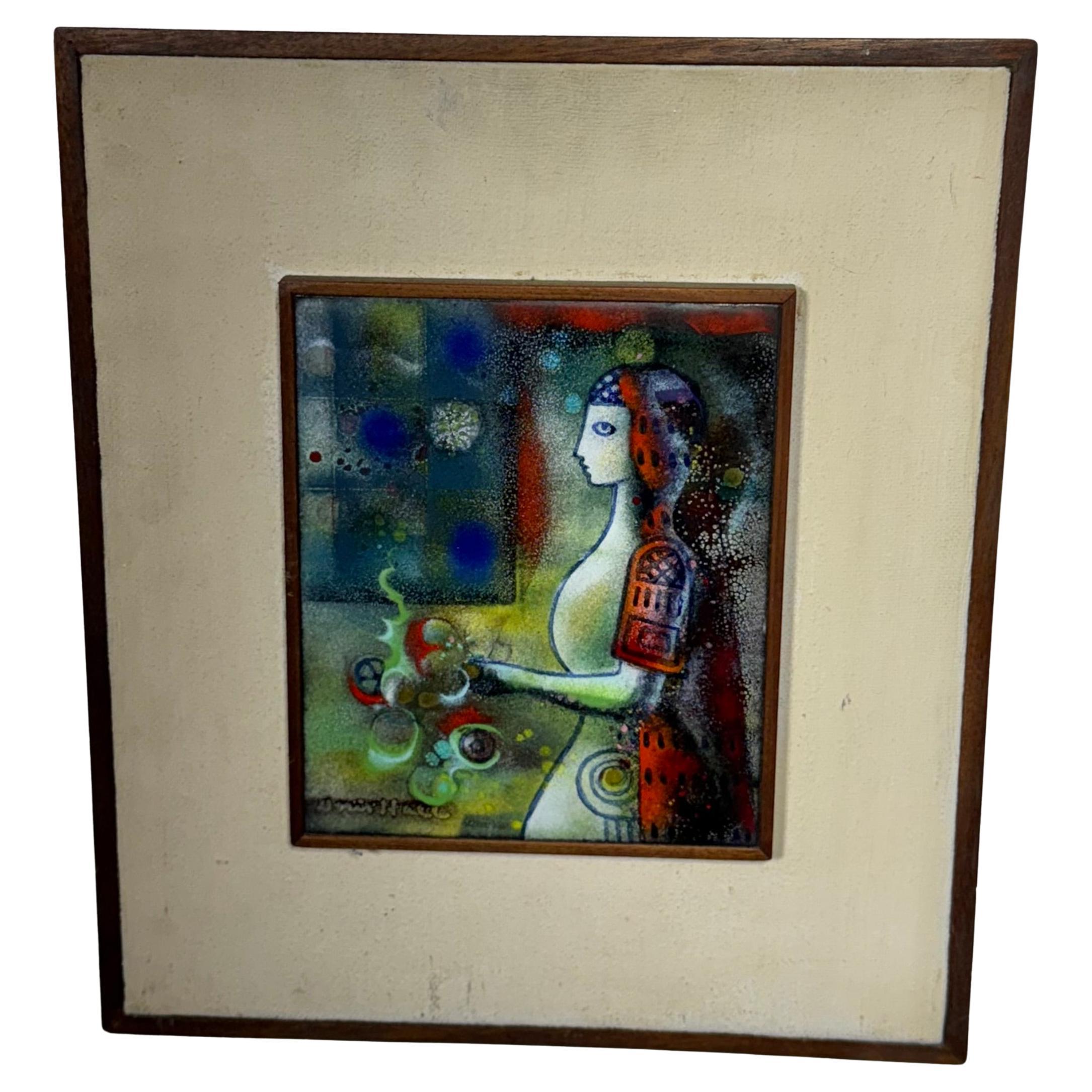 Doris Hall Enamel on Copper Art / framed plaque , Modernist woman For Sale