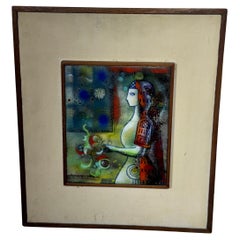 Doris Hall Enamel on Copper Art / framed plaque , Modernist woman