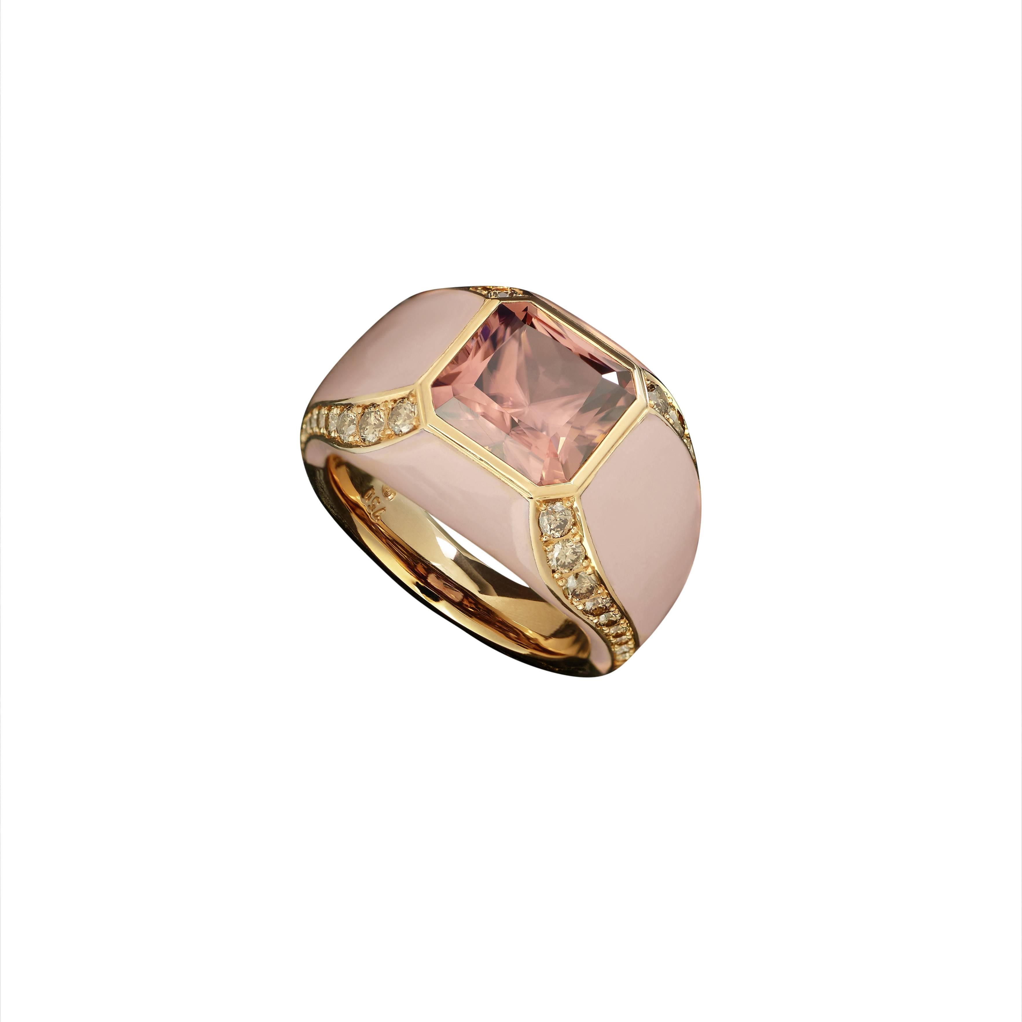 Asscher Cut Doris Hangartner 5.57 Carat Malayan Zircon Diamonds and Rose Ceramic Ring For Sale