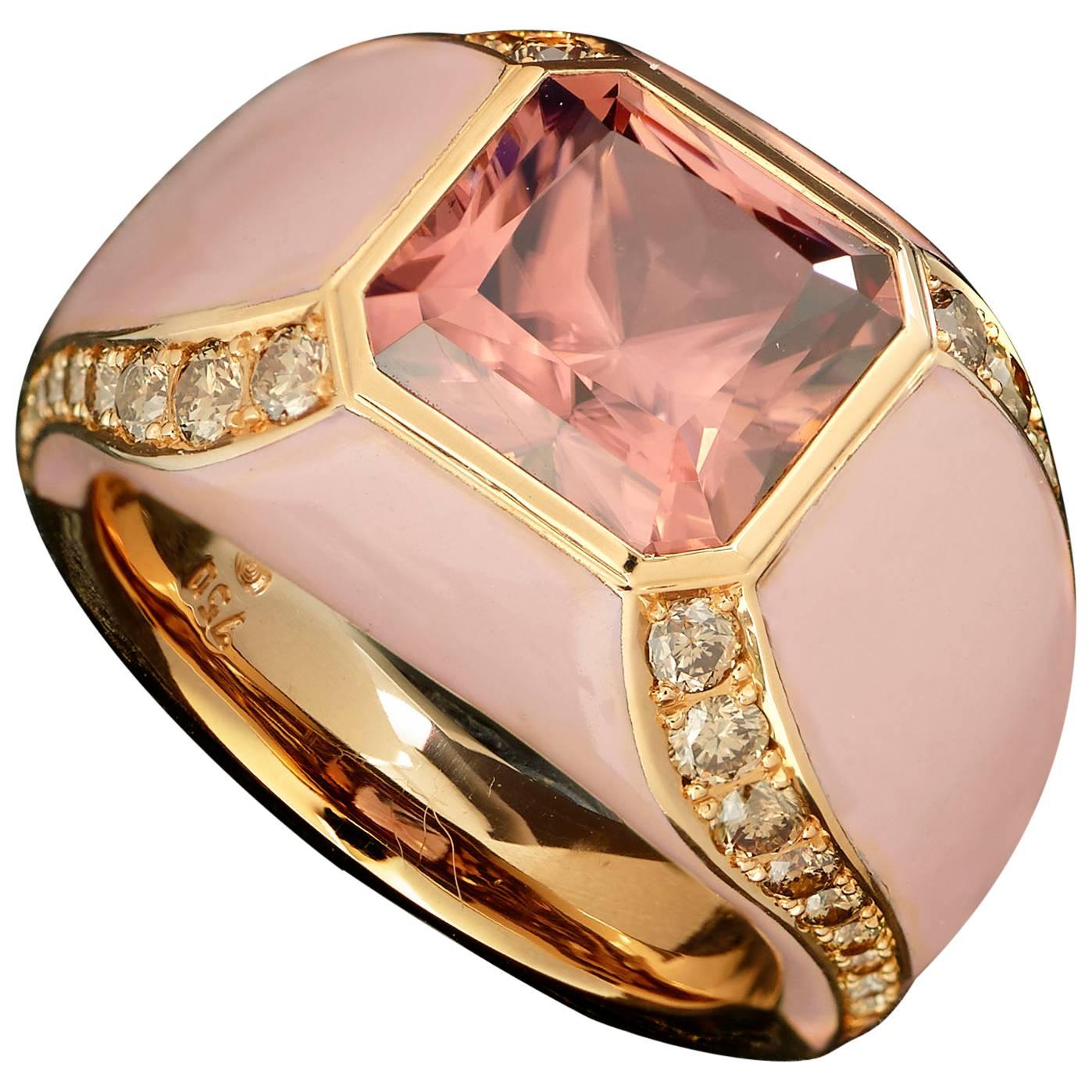 Doris Hangartner 5.57 Carat Malayan Zircon Diamonds and Rose Ceramic Ring For Sale