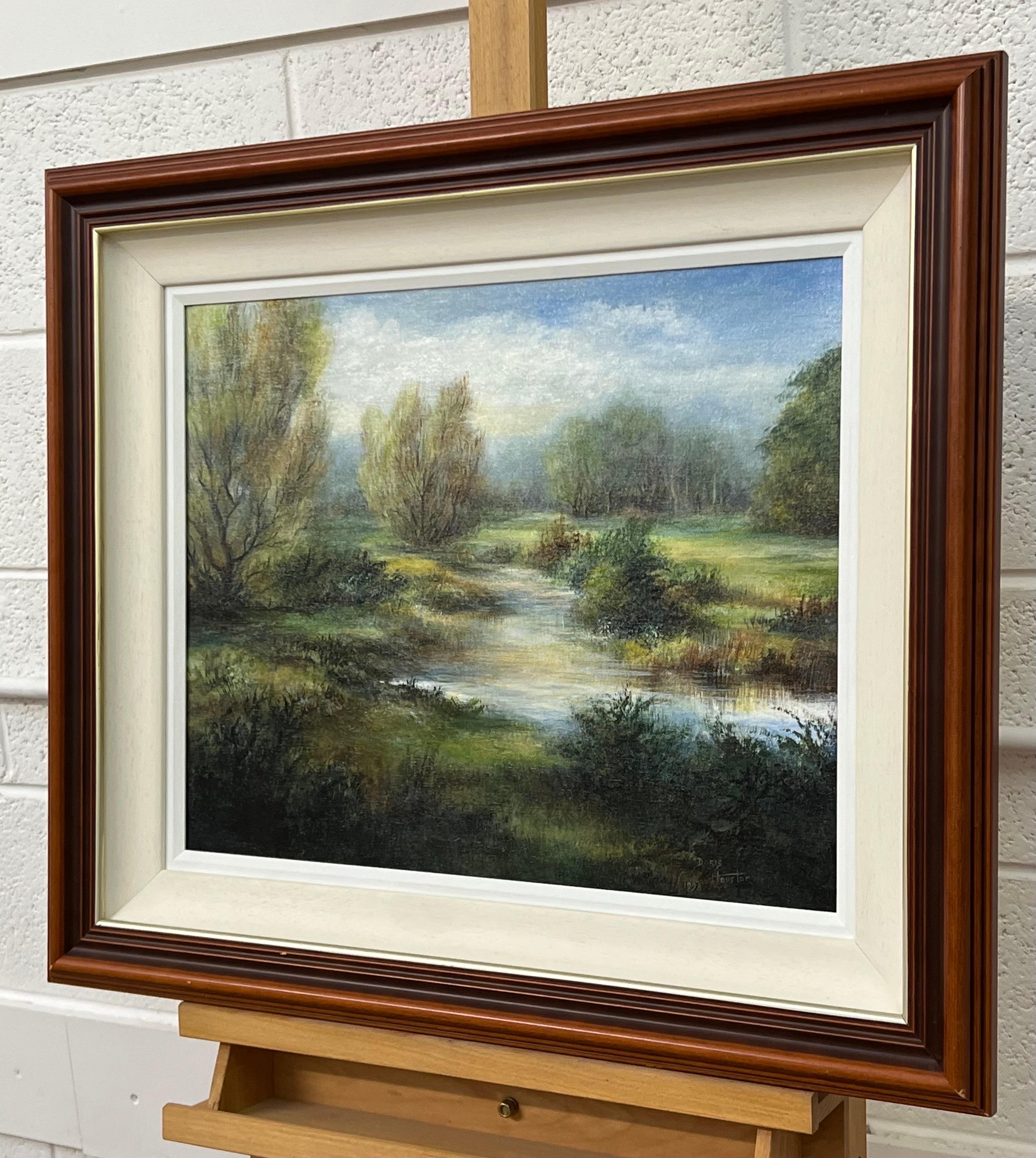 Paesaggio fluviale di una sera d'estate in Irlanda dipinto da un artista del XX secolo - Landscape Painting Nero di Doris Houston