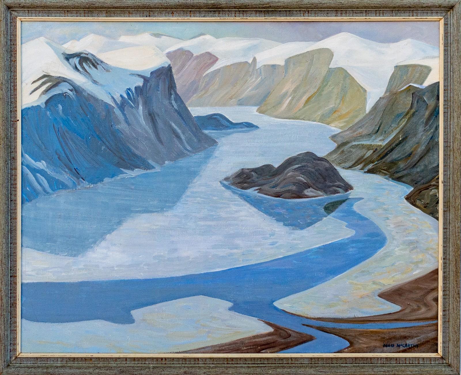 Pangnirtung - famous glacial fiord near Arctic circle, rocks and blue ice - Painting by Doris Jean McCarthy