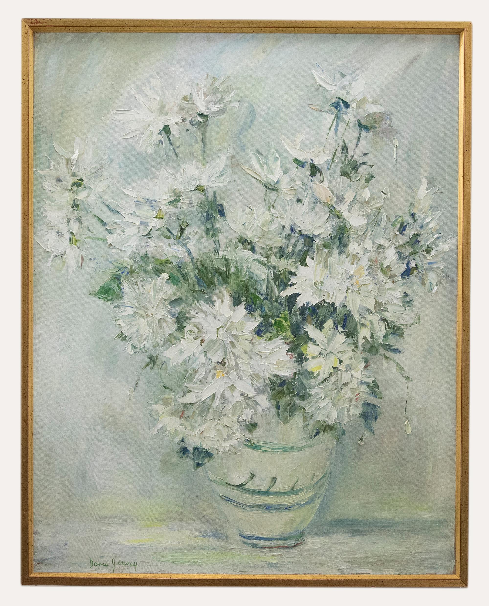 An expressive depiction of dahlias in a vase. Signed to the lower left and presented in an elegant gilt-effect frame. On canvas on stretchers.