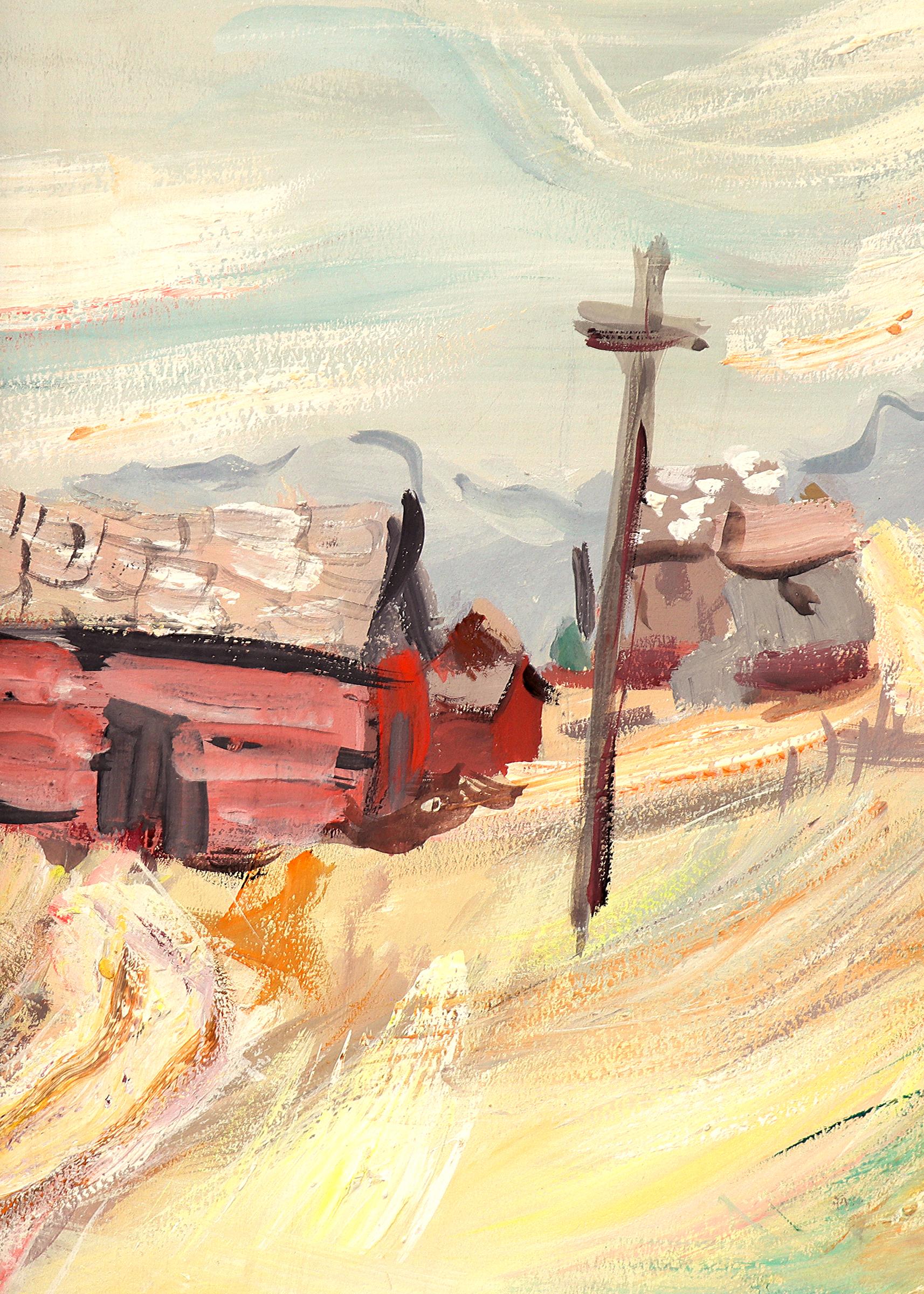 Framed Modernist Oil Painting of Colorado Mountain Town, Summer Landscape Art For Sale 2