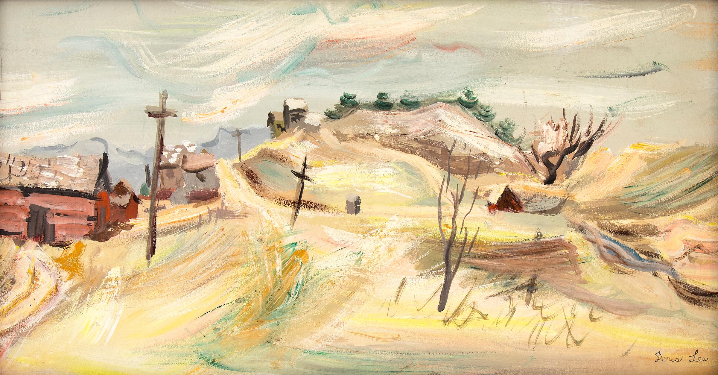 Doris Lee Landscape Painting - Framed Modernist Oil Painting of Colorado Mountain Town, Summer Landscape Art