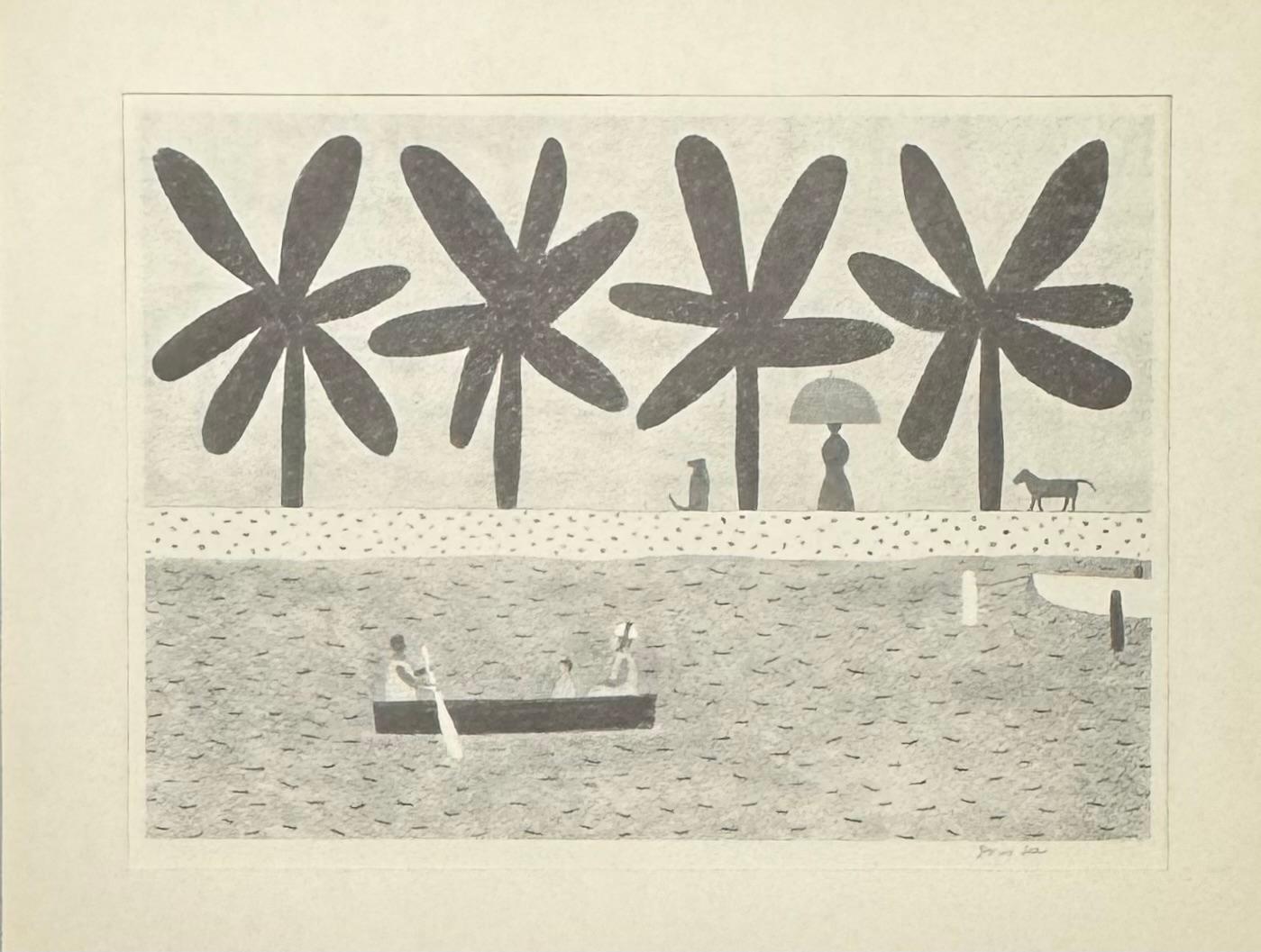 1961 Modernista FOLK ART Litografia originale a matita 