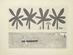 1961 Modernista FOLK ART Litografia originale a matita "Lungo il corso d'acqua"