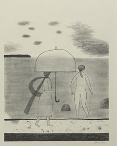 Modernist FOLK ART Original Pencil Lithograph "GRAY DAY AT THE BEACH"