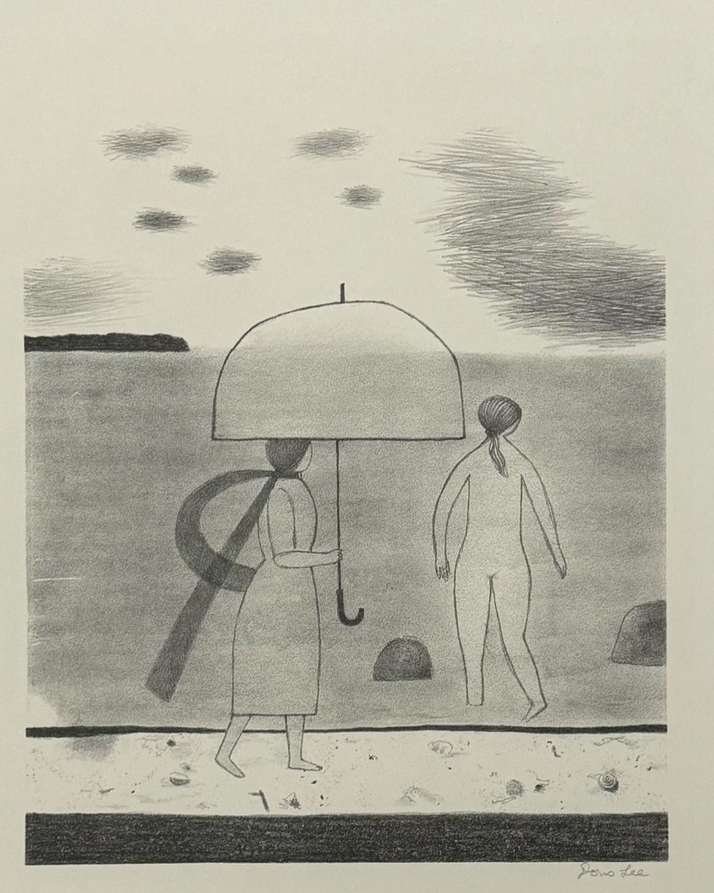 Modernista FOLK ART Litografia originale a matita "GIORNATA GRIGIA ALLA SPIAGGIA
