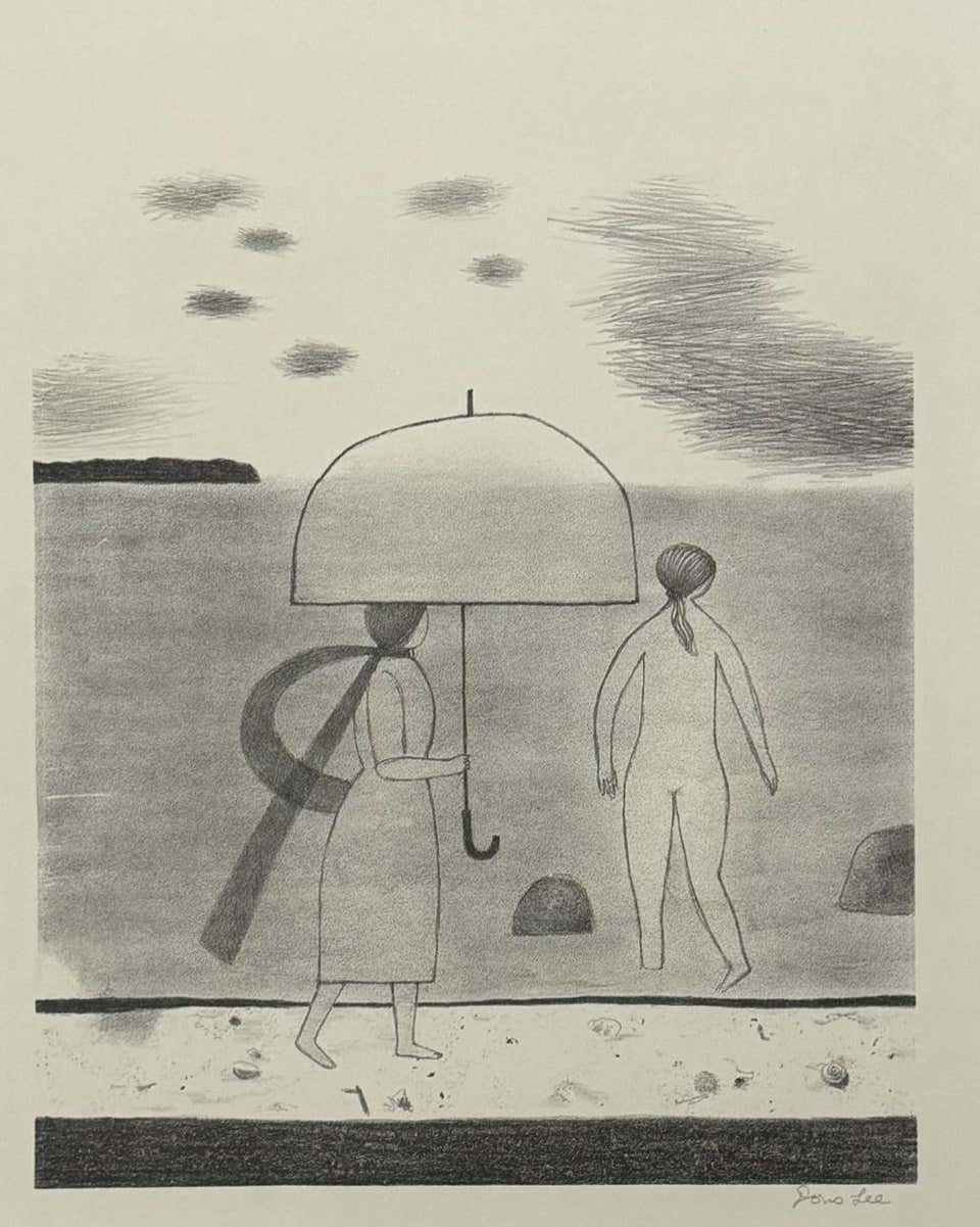 Modernist FOLK ART Original Pencil Lithograph "GRAY DAY AT THE BEACH"
