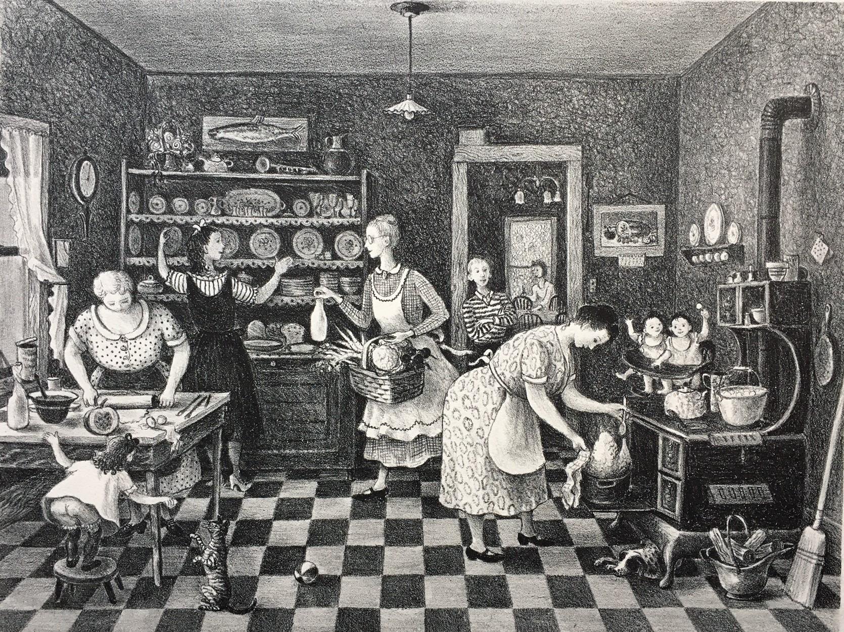 Doris Lee
Thanksgiving, 1942
Signed lower right, titled lower left
Lithograph on paper
Image 8 3/4 x 11 3/4 inches
Sheet 12 x 17 inches
From the edition of 250

An American Scene painter of realistic subjects in a style that combined Realism and