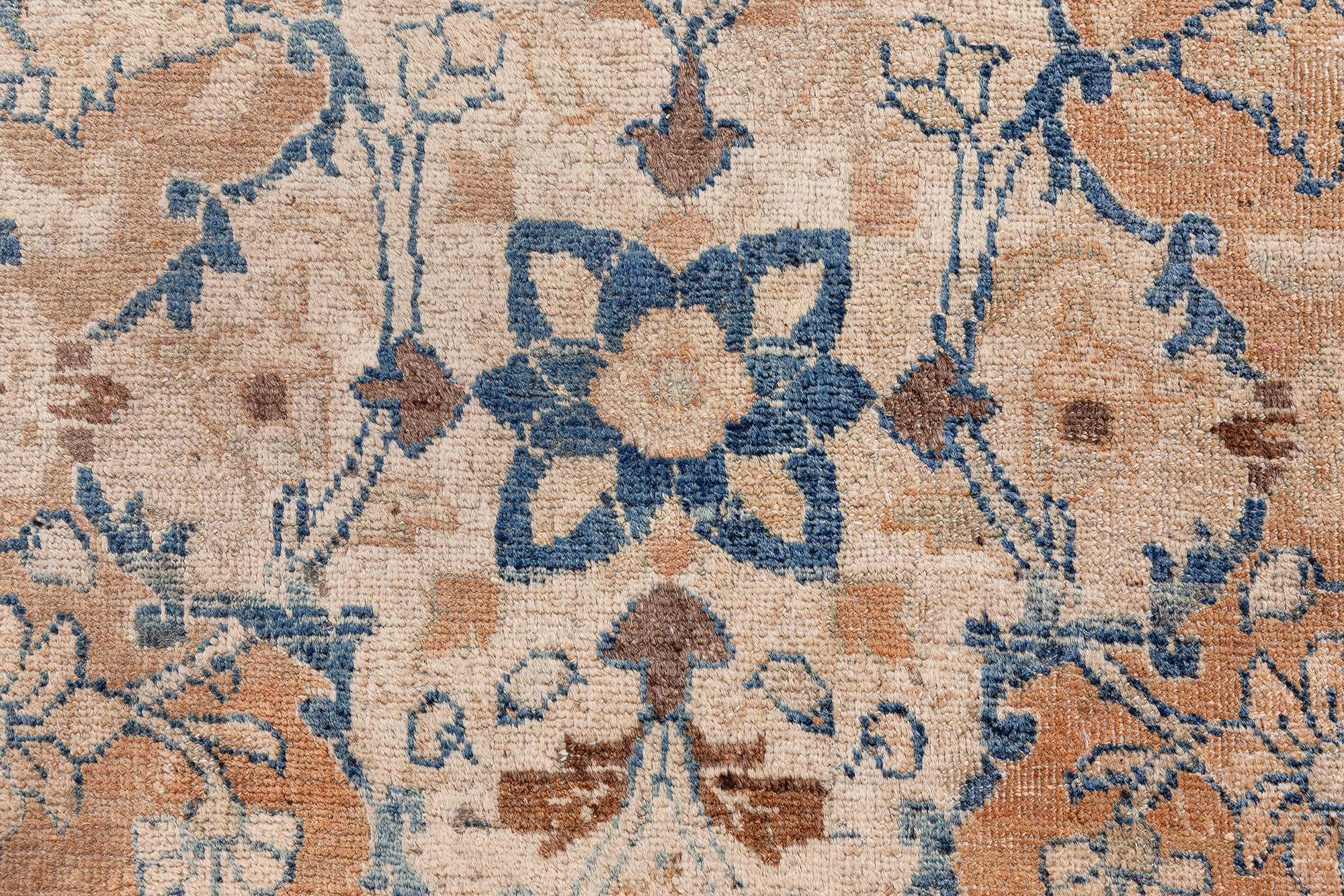 Doris Leslie Blau 1900s Persisch Meshad Botanisch Blau Braun Handgeknüpft Wollteppich im Angebot 1