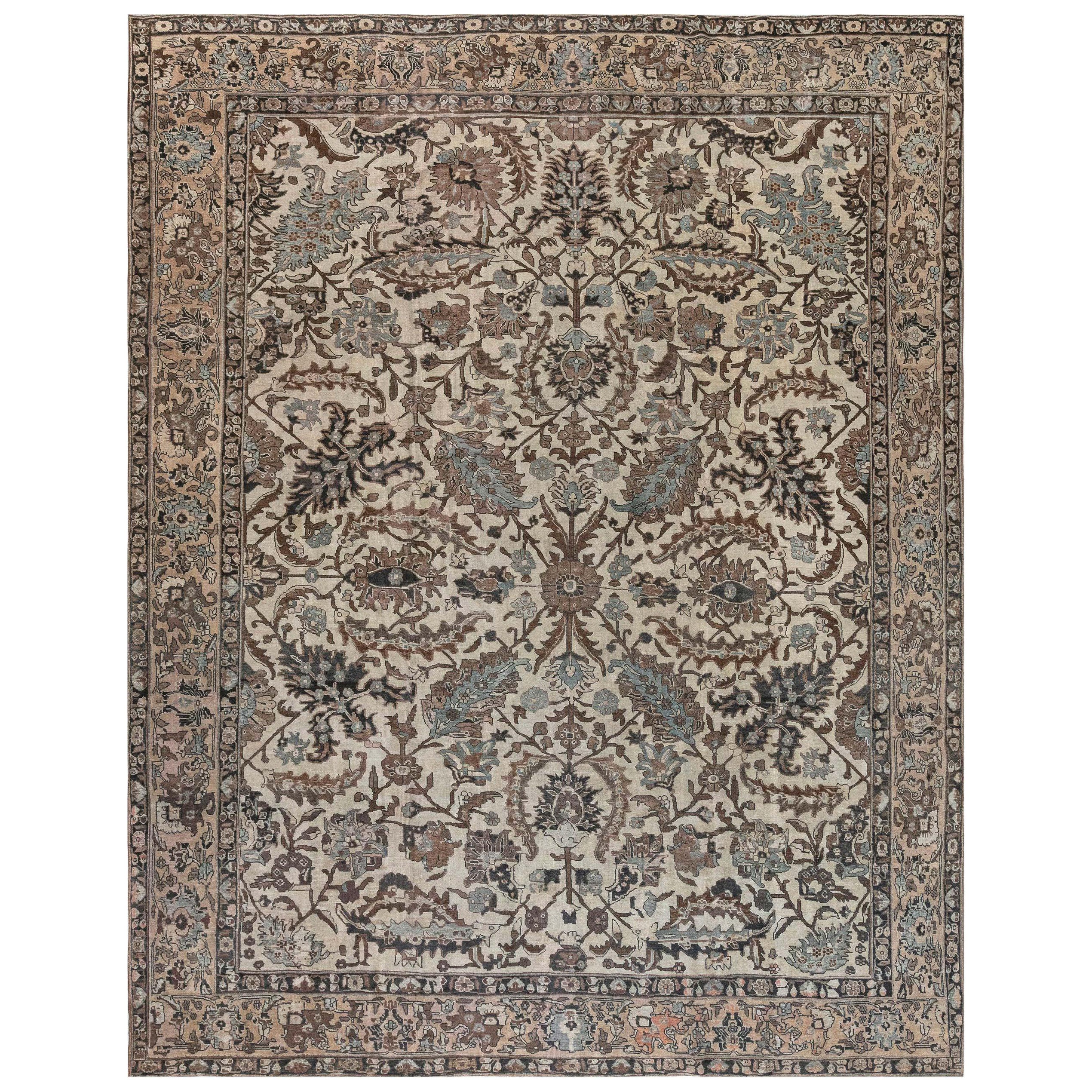 Doris Leslie Blau 1900s Tabriz Ivoire, bleu, Brown Tapis de laine fait main en vente