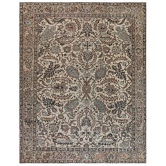 Doris Leslie Blau 1900s Tabriz Ivory, Blue, Brown Handmade Wool Rug