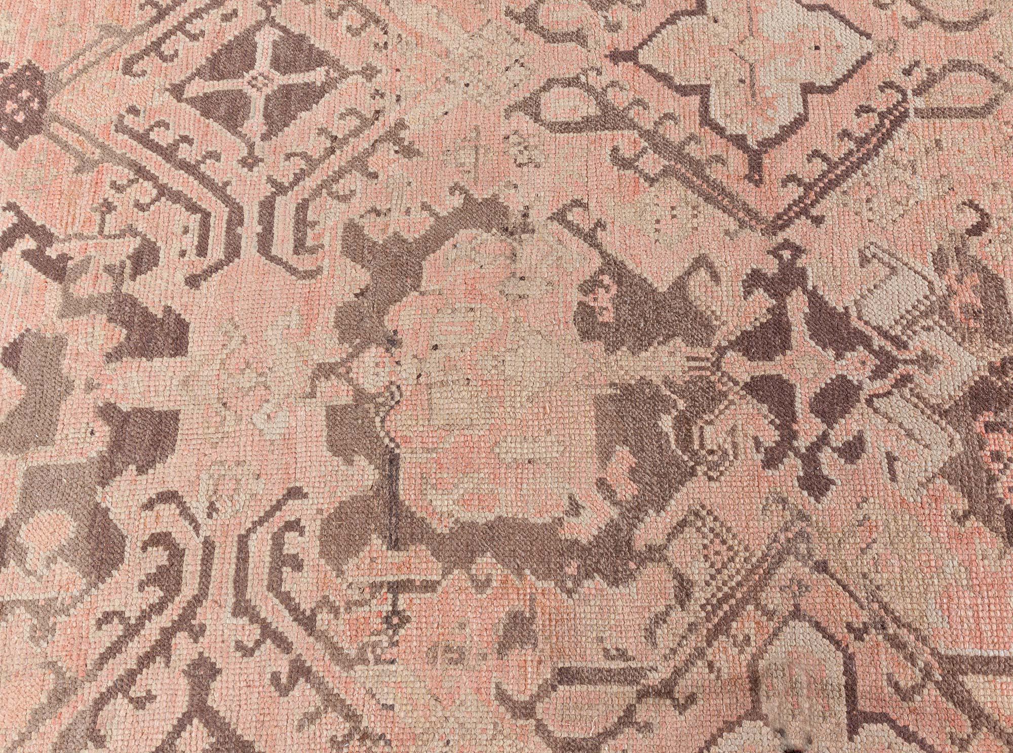 Hand-Knotted Doris Leslie Blau Antique Turkish Oushak Rug in Faded Rose and Mocha Tones For Sale