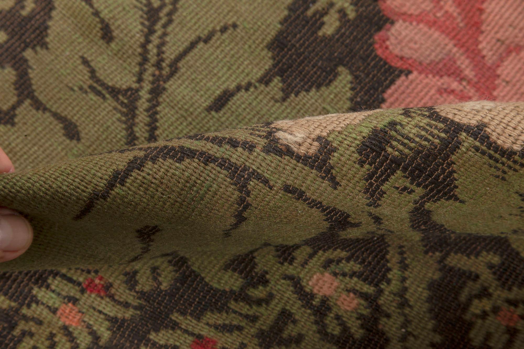 19th Century French Floral Design Green, Black and Pink Flat Weave Wool Rug
Size: 9'4