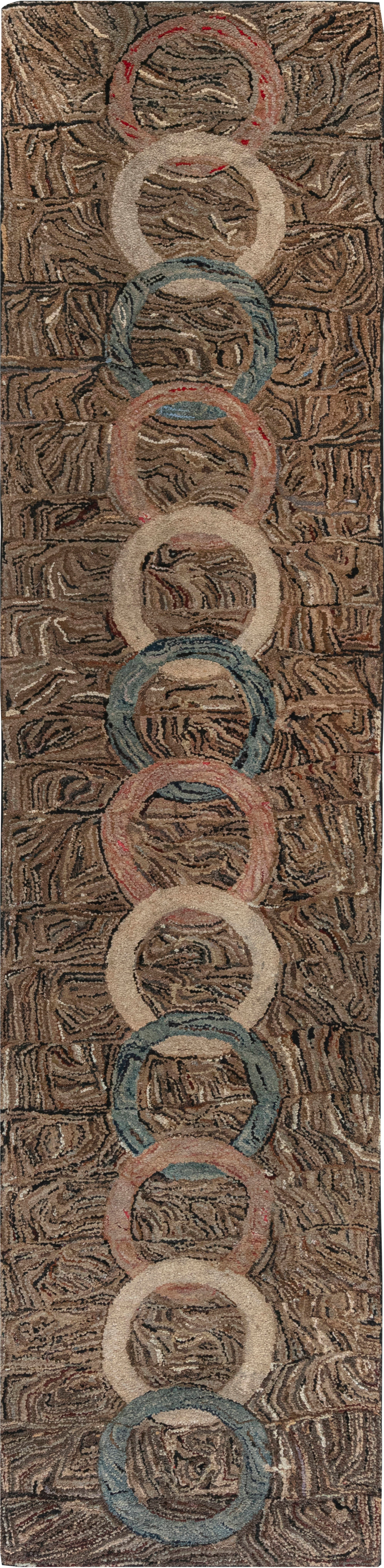 Doris Leslie Blau American Hooked Vintage Abstract Warm Tan Hand-Knotted Runner For Sale